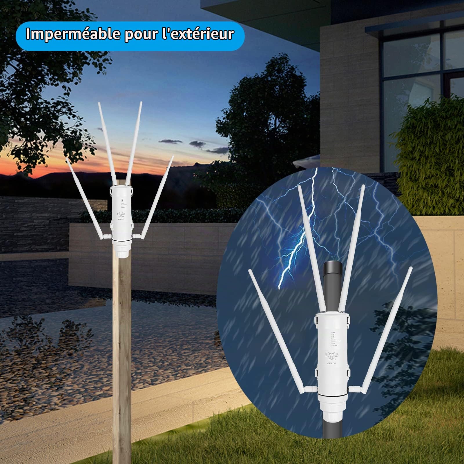 Répéteur WiFi Extérieur AC1200 Amplificateur WiFi Extérieur IP65 | Antenne WiFi Extérieur longue portée Double bande 2.4GHz 5GHz 4 antennes Répéteur WiFi pour caméra jardin garage terrasse