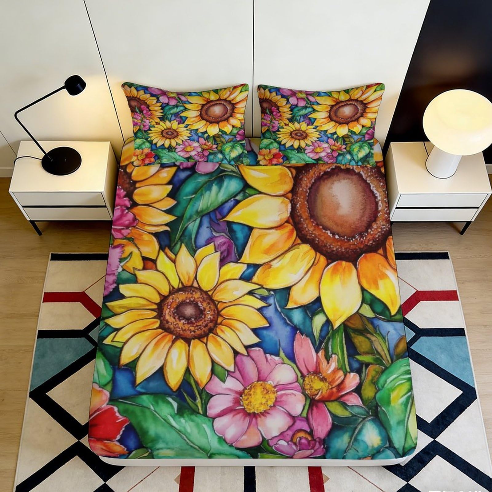 3D Printed Sunflower Blossom Fitted Sheet Microfiber Soft Floral Mattress Cover for Bedroom Guest Room Washable Decor 90x200x25cm
