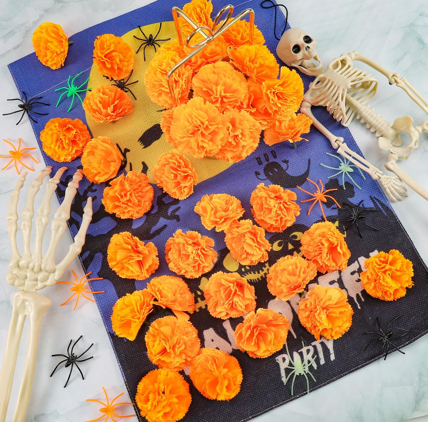 JMUQ 80 Pcs Artificial Marigold Flowers, 2 inch Silk Marigolds Bulk with Stems, Orange Artificial Flowers for Dia De Los Muertos Diwali Home Decor Marigold Garland Day of The Dead Decorations - Image 6