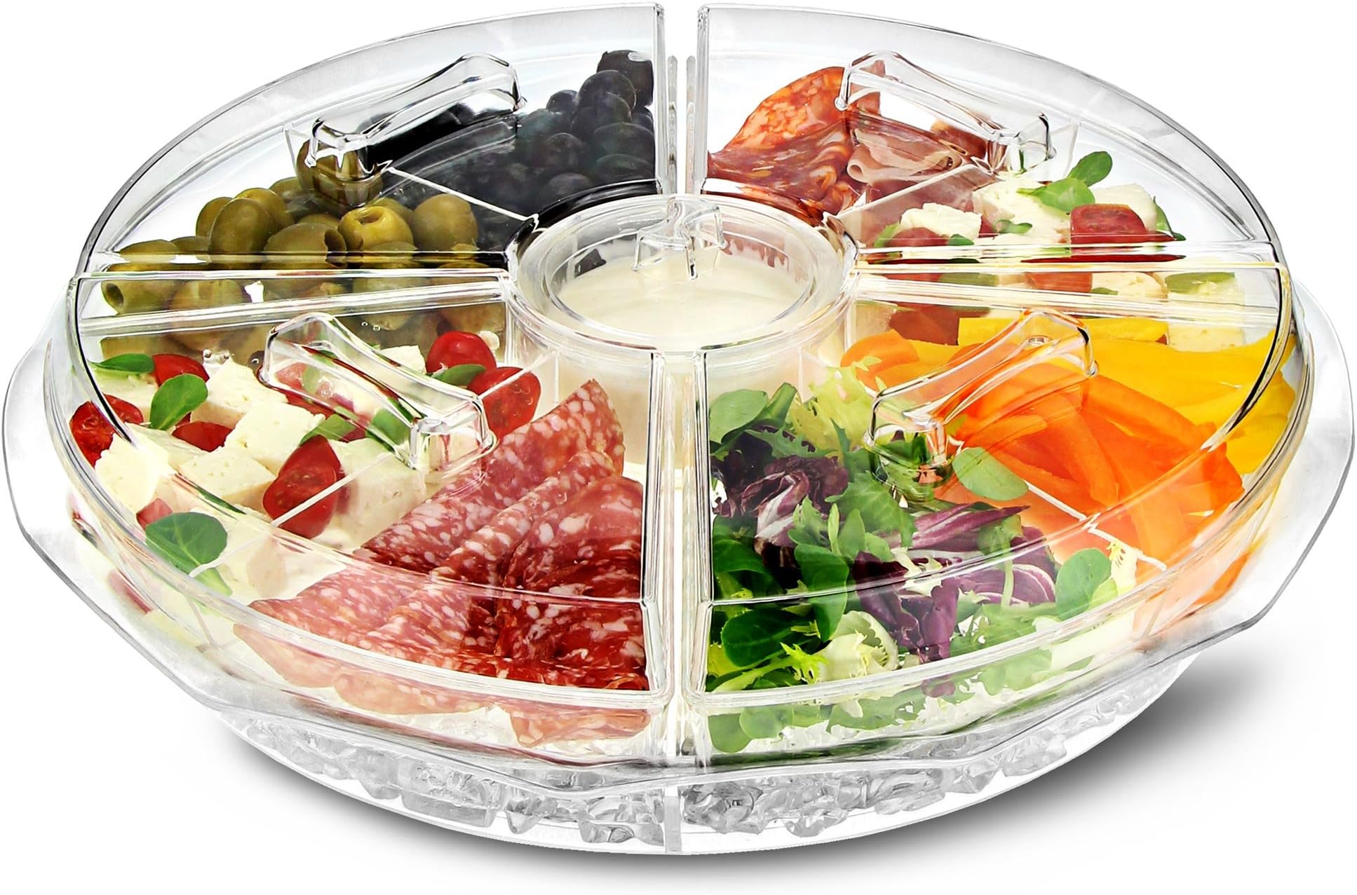 dine@drinkstuff On Ice 8 Section Appetiser Tray - Ice Chilled Sharing Platter with Dip Cup and Lids for Fresh Snacks