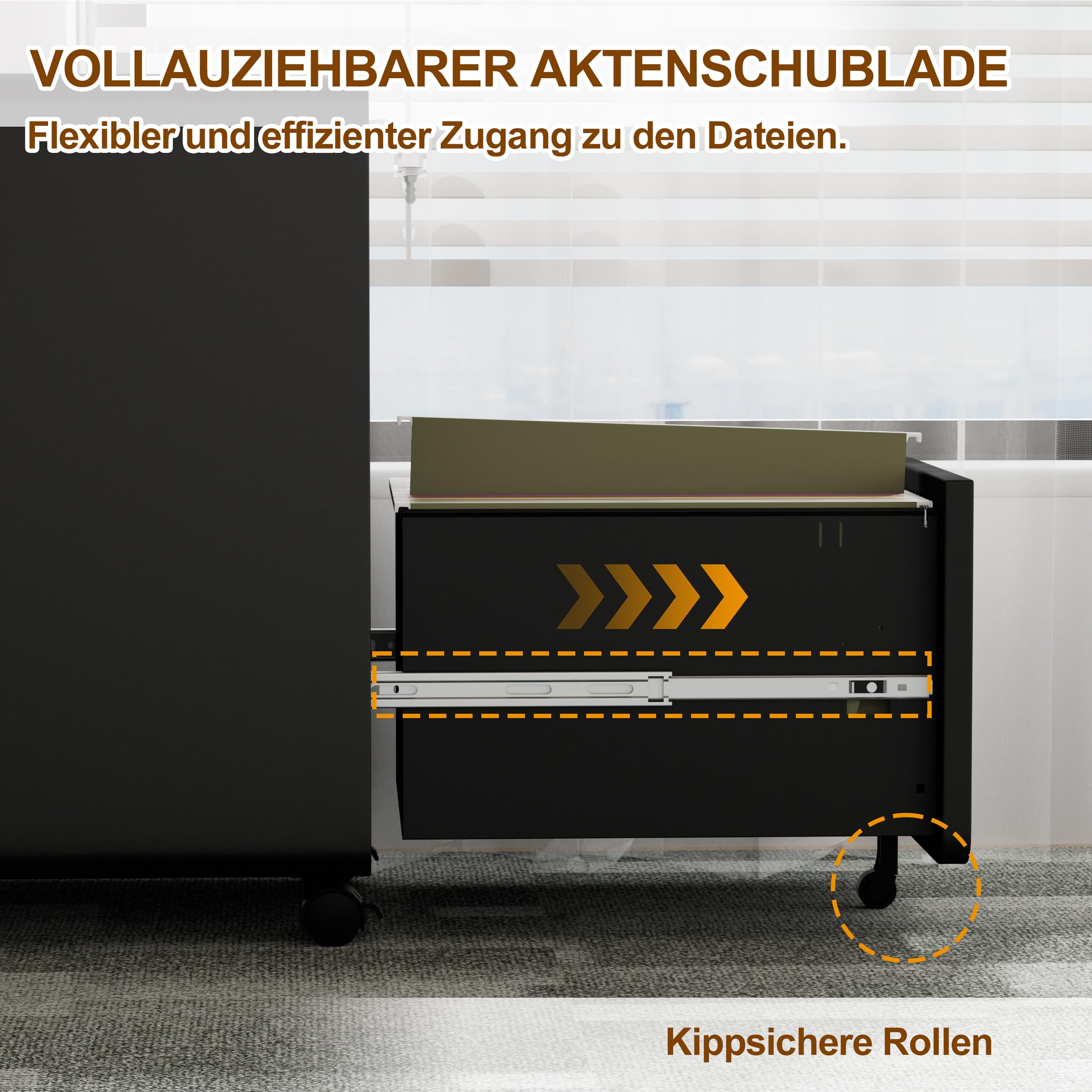 Rollcontainer, Aktenschrank Abschließbar mit 4 Schlüsseln, Aktenschrank unter Schreibtisch, mit 3 Schublade, Vormontiert, Abschließbarer, Büro, Homeoffice, für A4/Legal/Letter
