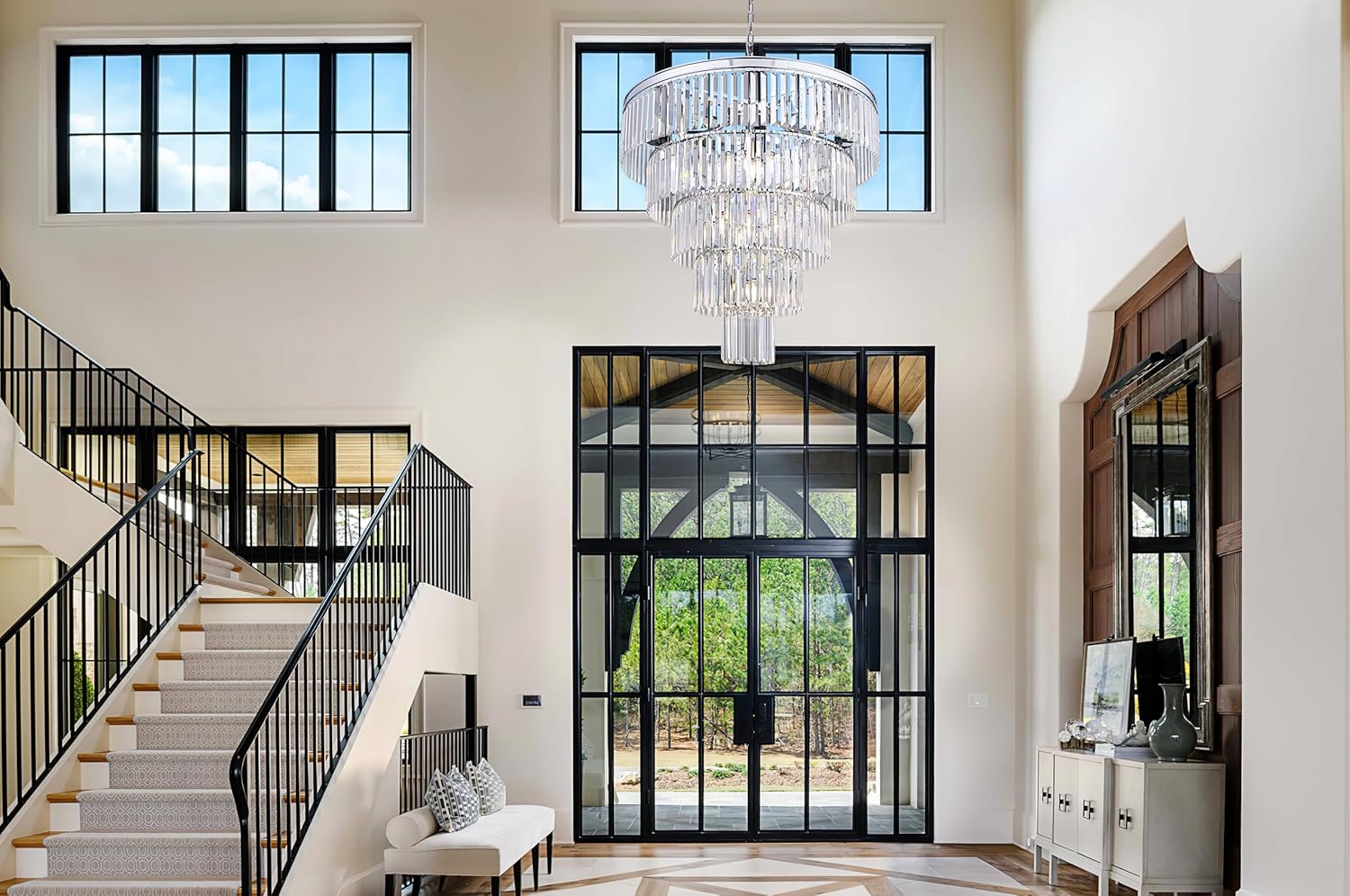 TOCHIC Large Crystal Chandelier 31.5 inch, 5-Tier Round Modern Chrome Crystal Chandeliers, Raindrop K9 High Ceiling Light for Living Room,Staircase, Entryway, Dining Room, Foyer
