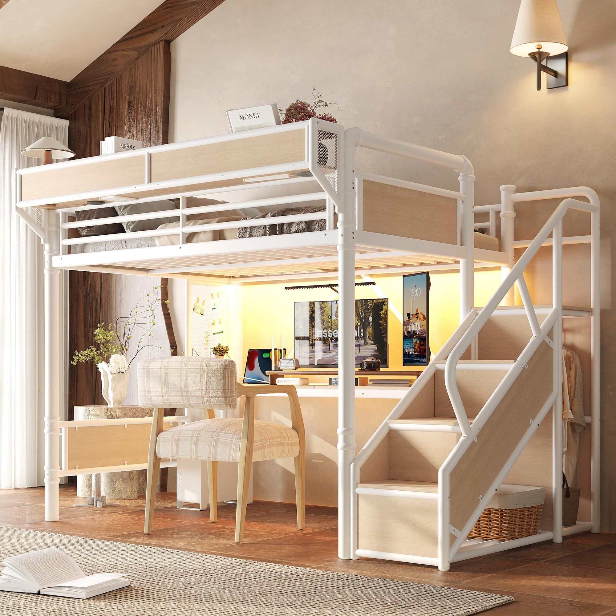 KEIKI Full Size Metal Loft Bed Frame with Storage Staircase & Built-in Desk