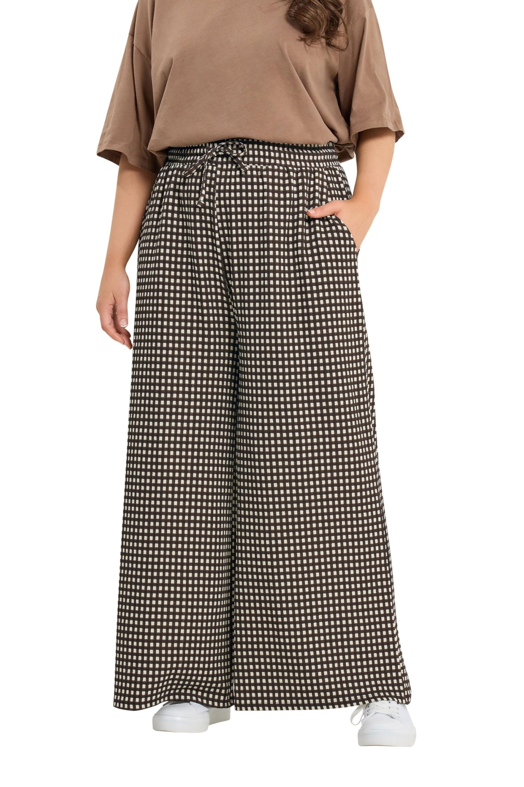 Yours Curve Brown Gingham Wide Leg Trousers - Women's - Plus Size Curve