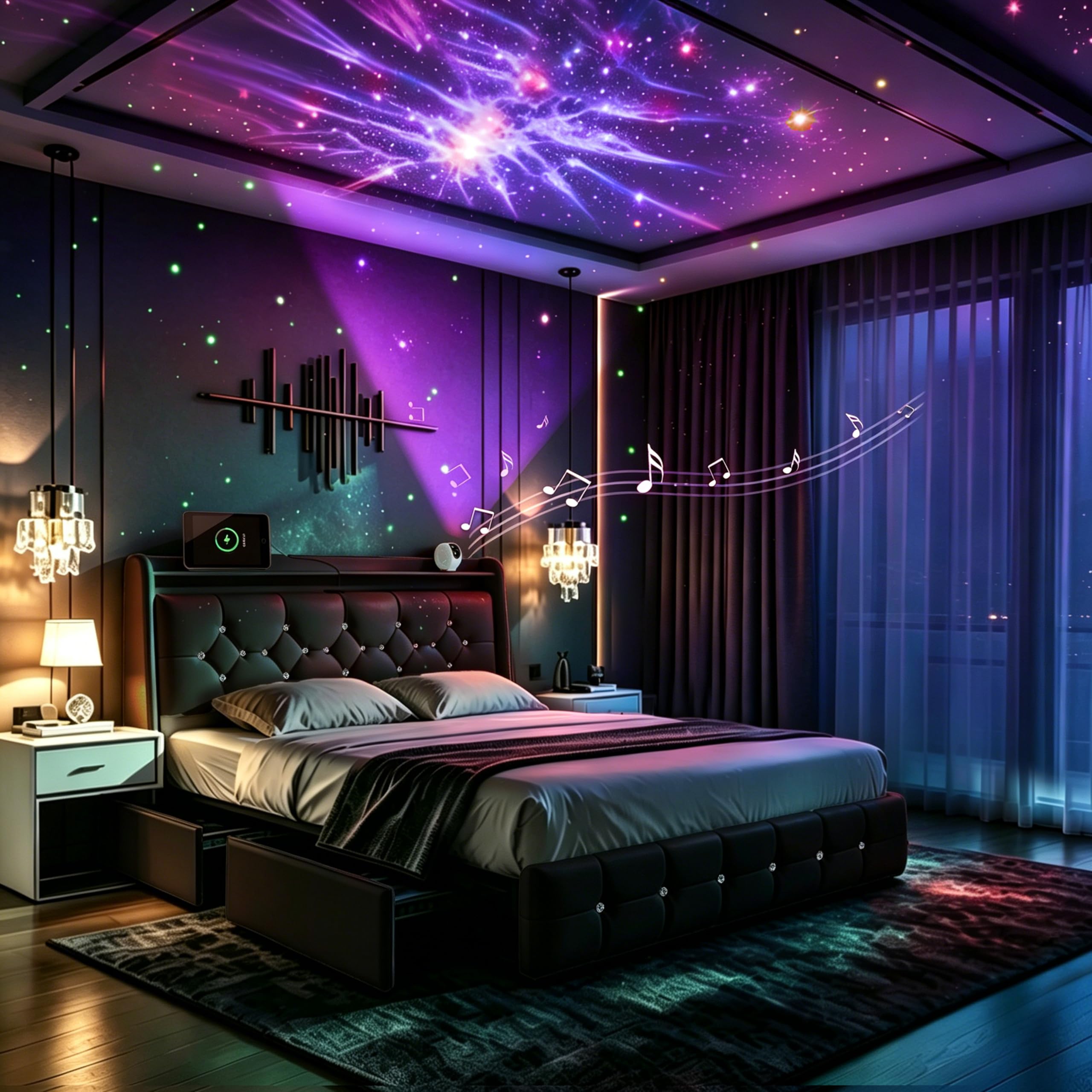 Schwarzer Bettrahmen mit Star-Projektor 160 x 200 cm, Leder | USB- & Type-C-Anschlüsse, gepolstertes Bett, Bluetooth-Star-Projektor, Lattenrost, Stauraum-Schubladen