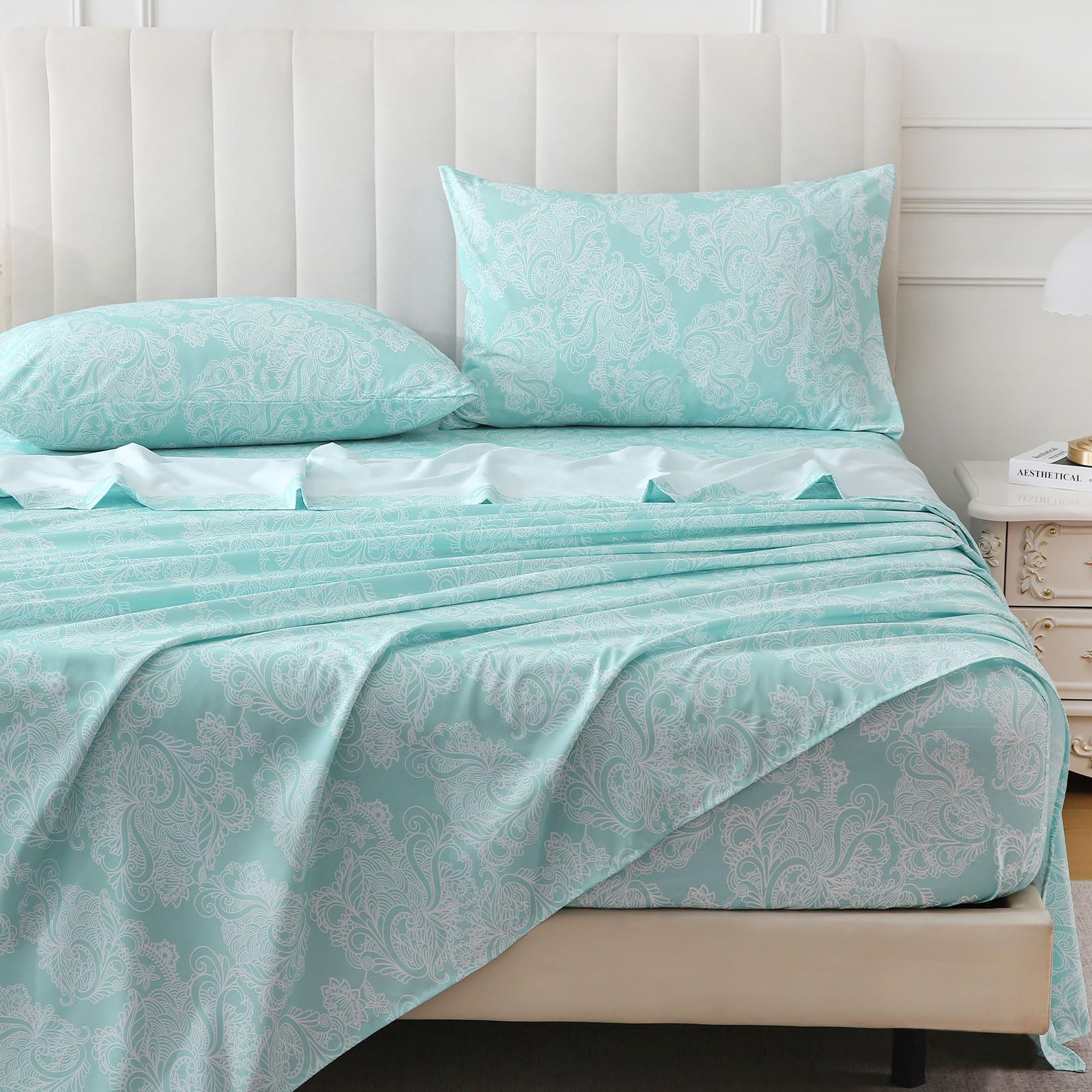 Queen Size Paisley Printed Sheet Set 4 Pieces Boho Style Breathable Soft Microfiber Bedsheets Anti Pilling Deep Pockets
