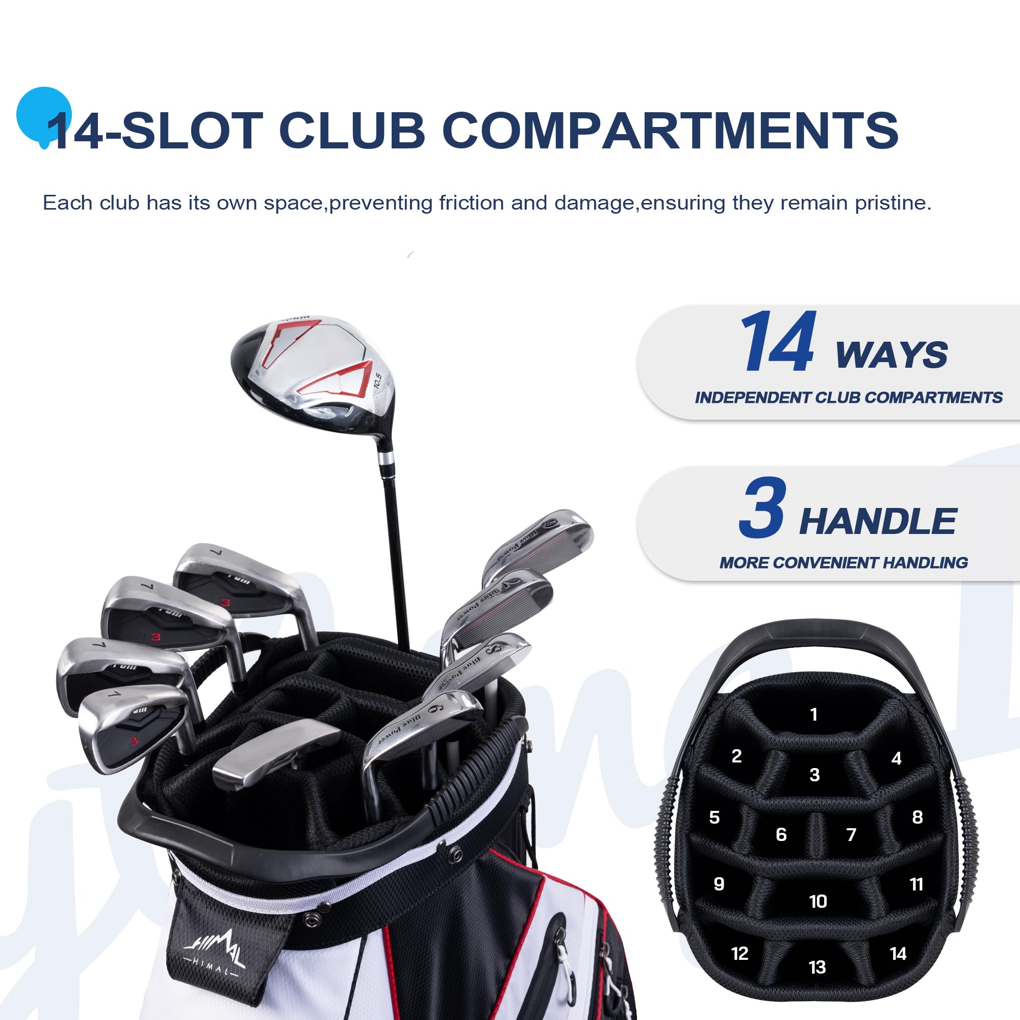 UNIHIMAL 14-Way Golf Cart Bag with Organizer Divider & Rain Cover (Black-White)