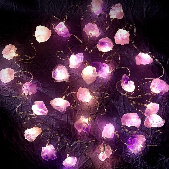 Decorative String Lights, Fluorite Amethyst String Lights Natural Crystal Light 10 ft 30 LEDs Fairy String Light Dreamy Crystal Decoration with USB and Battery Powered for Bedroom (Purple Amethyst)