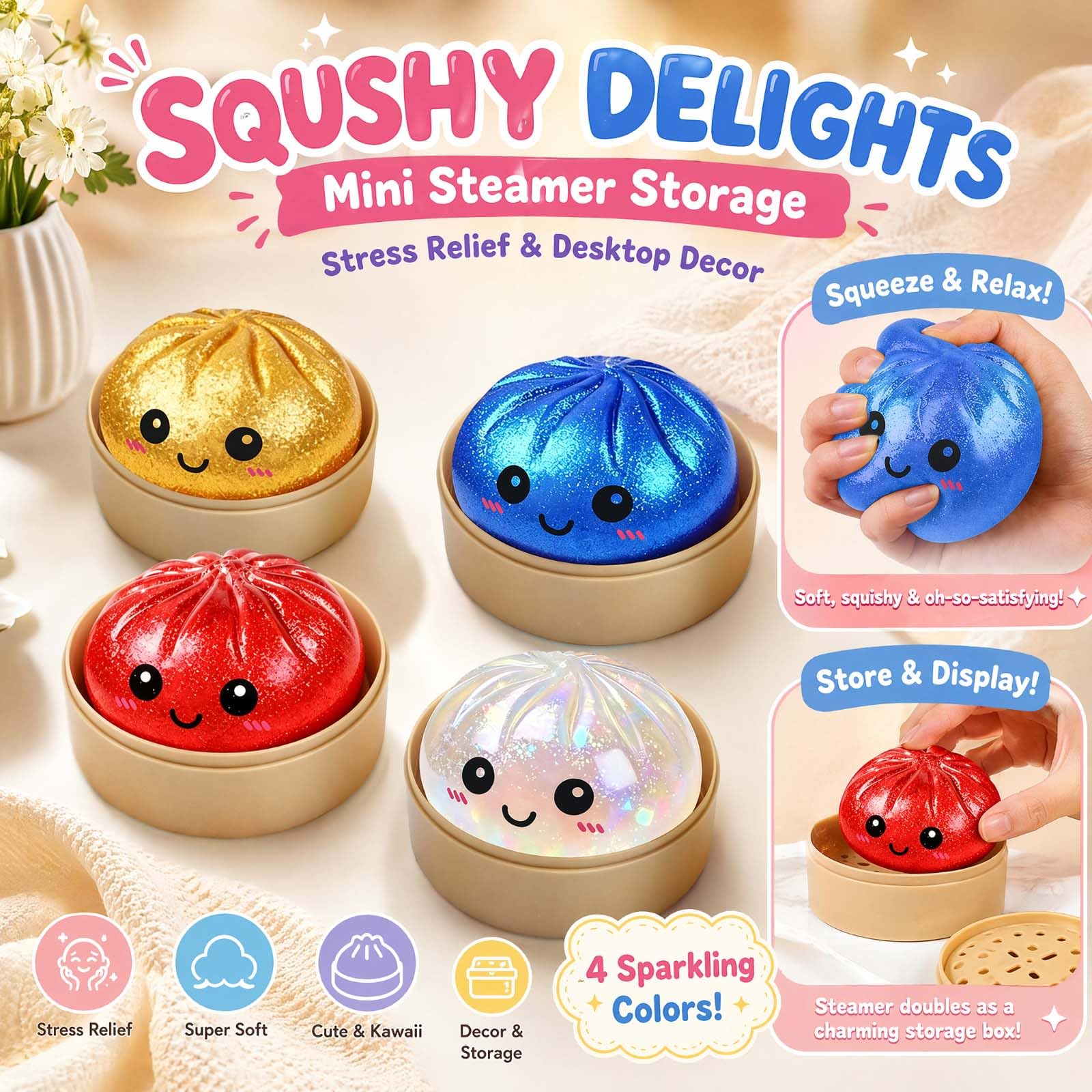 4 Stück Dumpling Squishy Mystery, Glitter Dumpling Squishy Mystery | Glitter Dumpling Squishy Mystery für Anti Stress Spielzeug, Dumplings Squishys XXL Mit Freunden