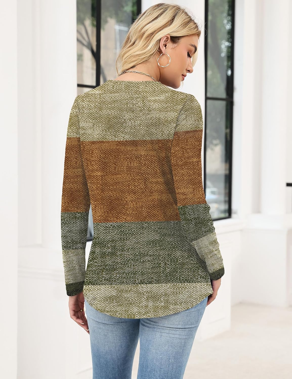 Ivicoer Womens Long Sleeve Tops Henley Shirts for Women Fall Fashion 2025 V Neck Loose Fit Tunic Tops Caramel Gray Stripe M - Image 5