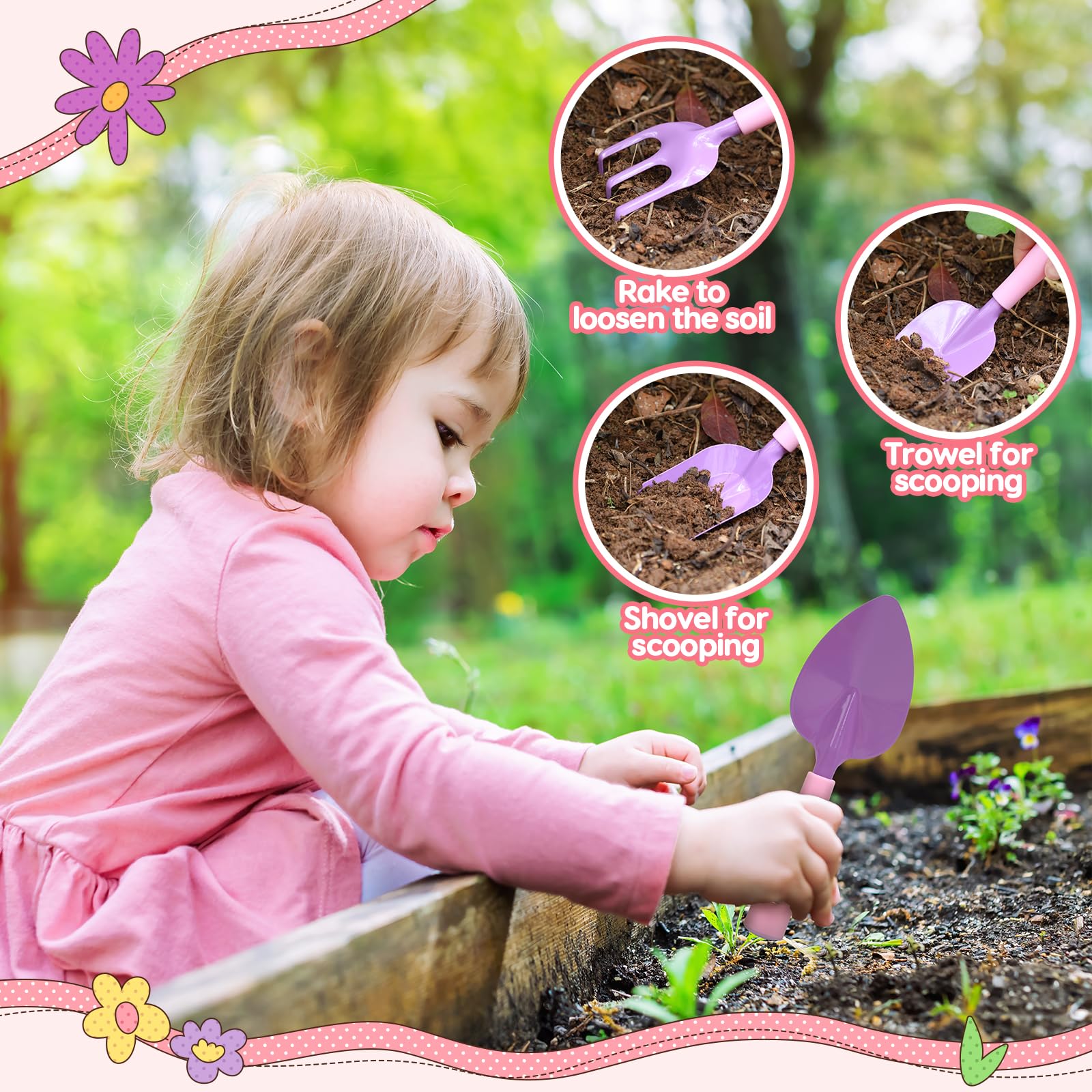CUTE STONE Pink Kids Gardening Tool Set, Garden Toys W/Shovel, Rake, Trowel, Apron W/Pockets, Garden Tote Bag, Watering Can - Image 2