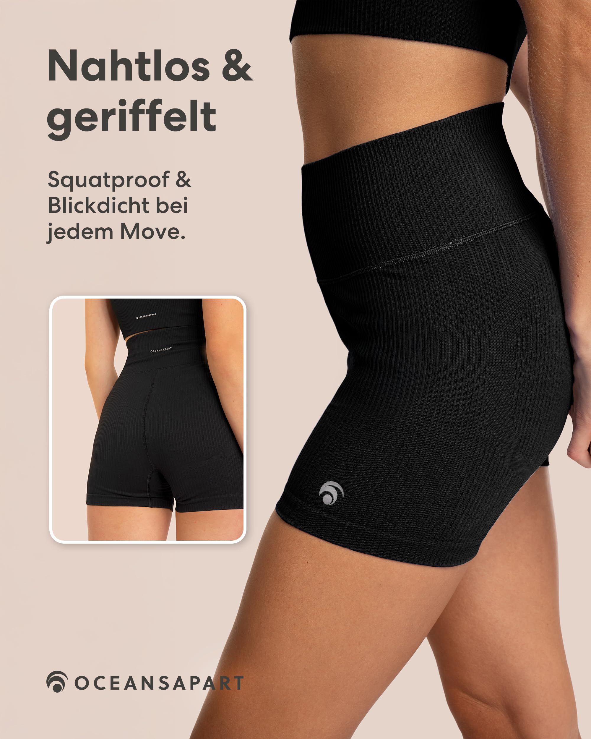 OCEANSAPART Maya Hotpant Kurze Sporthose Damen High Waist Gerippt - Radlerhose recyceltes Polyamid - Squadproof & Blickdicht - Gym Shorts Damen für Yoga, Pilates & Fitness - Gr. XS-XXL