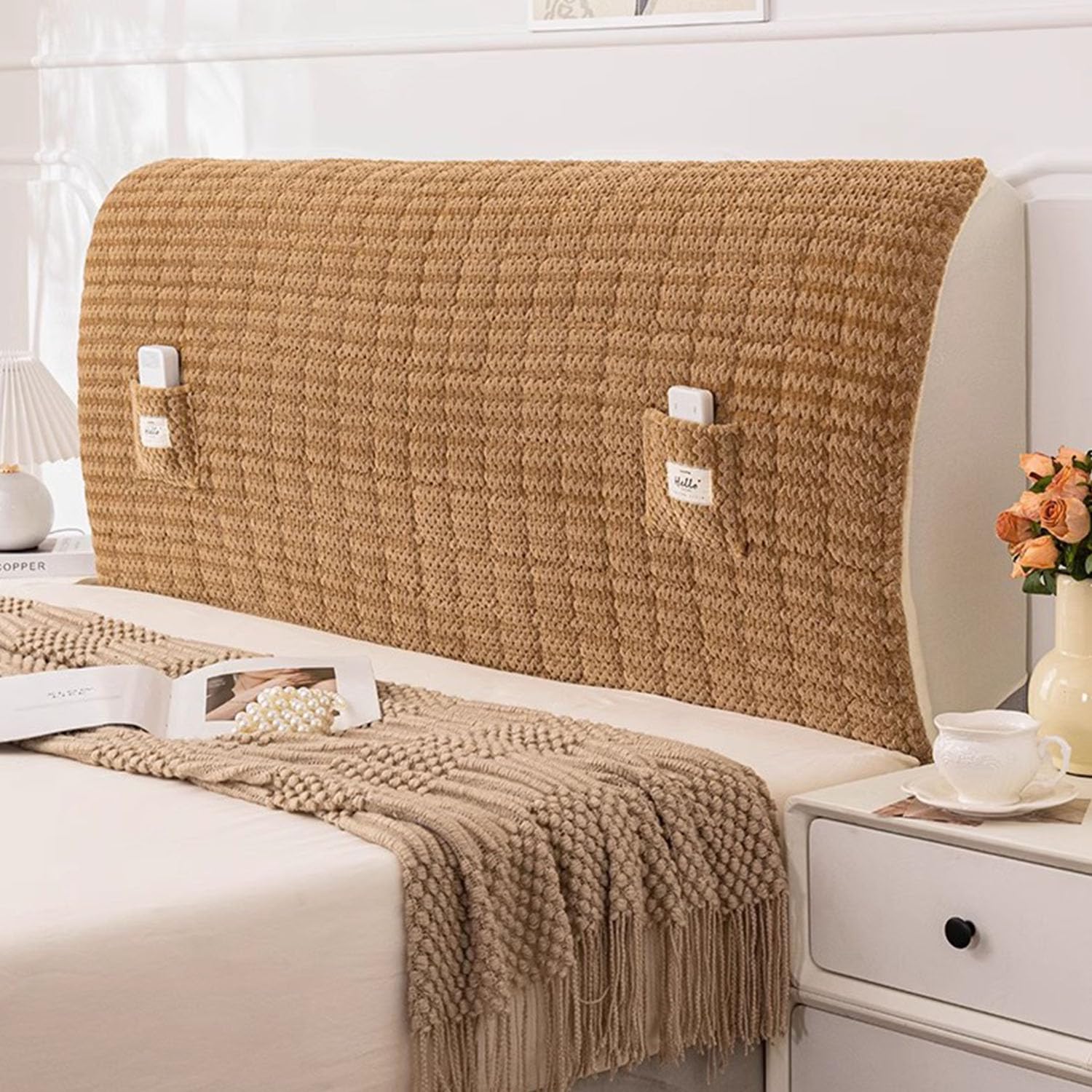 Copri Testiera Letto,Tessuto Di Velluto Di Fagioli,Testiera Lavabile Copri,Antipolvere In Cover,Universale Copertura Per Testiera Per Letto,Copri Testiera Letto Matrimoniale Imbottito(180*70cm,Caramel