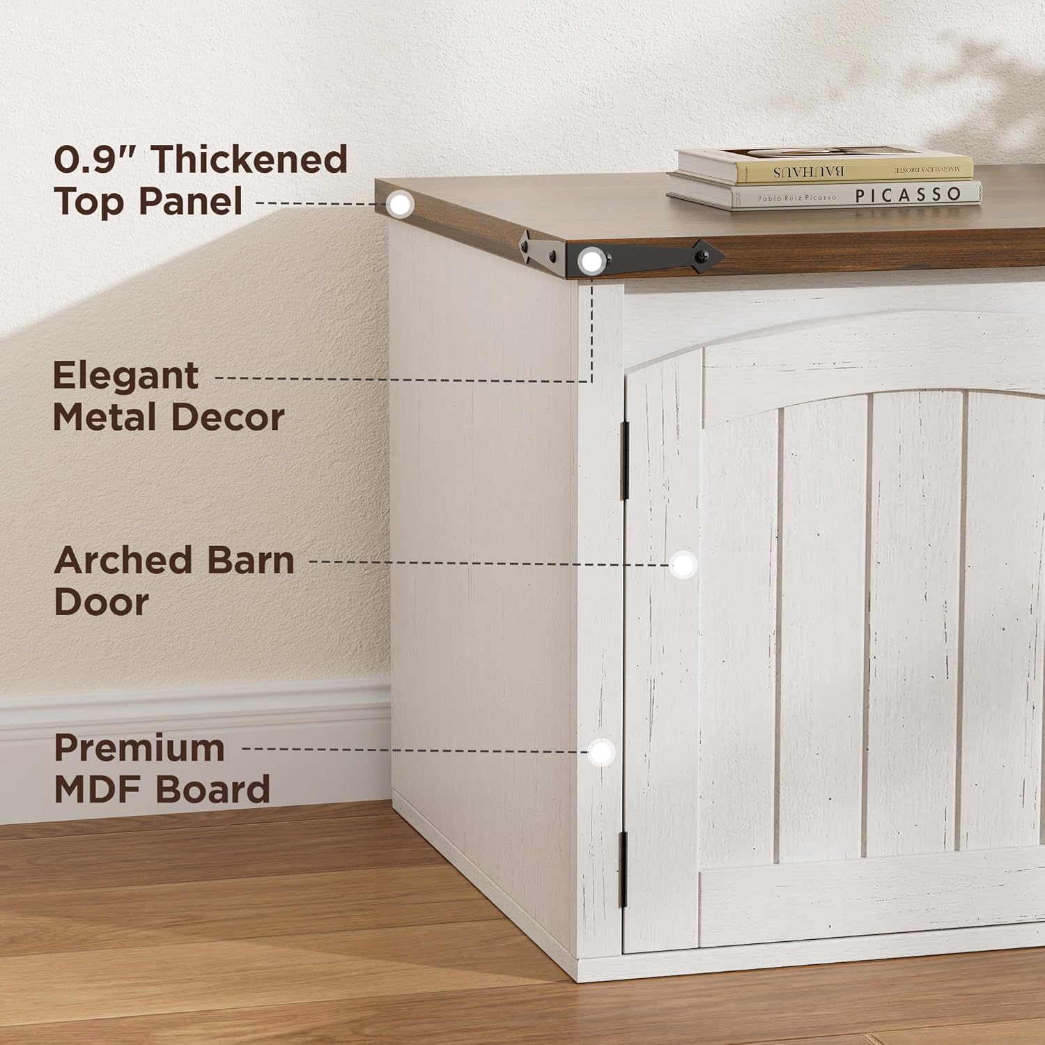 Vabches Cat Litter Box Enclosure for 2 Cats, Hidden Litter Box Furniture with Scratch Pad & Magnetic Doors, Farmhouse Wood Cat Litter Box Cabinet, Side Table, White and Walnut