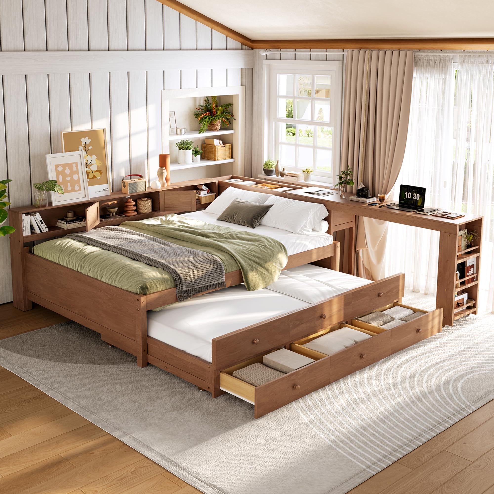 Photo 1 of ****PARTIAL SET ,MISSING BOXES *** Bellemave Full Corner Bed Frame with Desk and Storage Shelves, Captain beds with Bookcase and Trundle and 3 Drawers, Wood Full Size Daybed, Vintage Brown