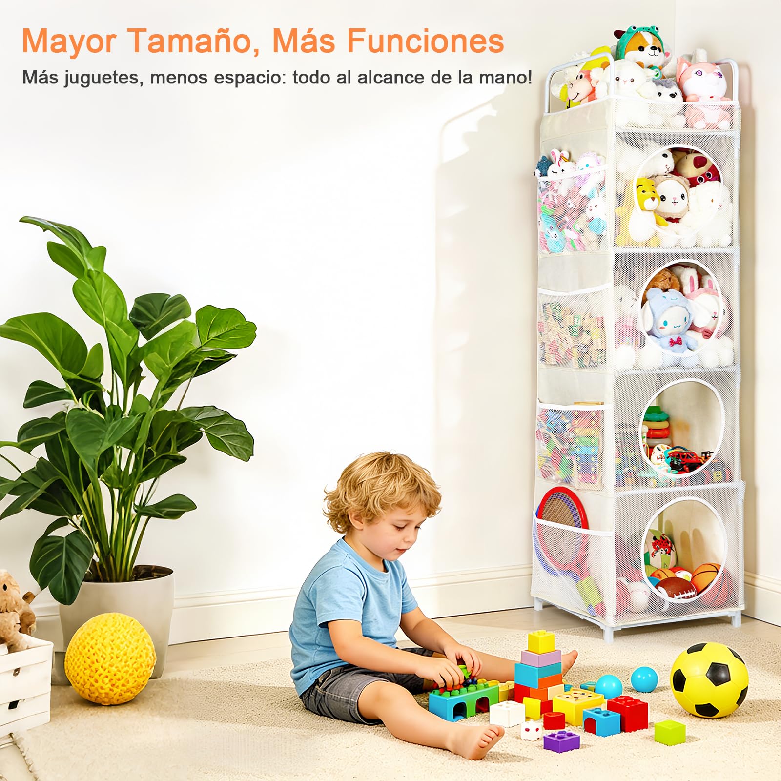 Almacenamiento de juguetes, 42 x 42 x 162 cm, caja de juguetes de 5 niveles y 8 bolsillos laterales