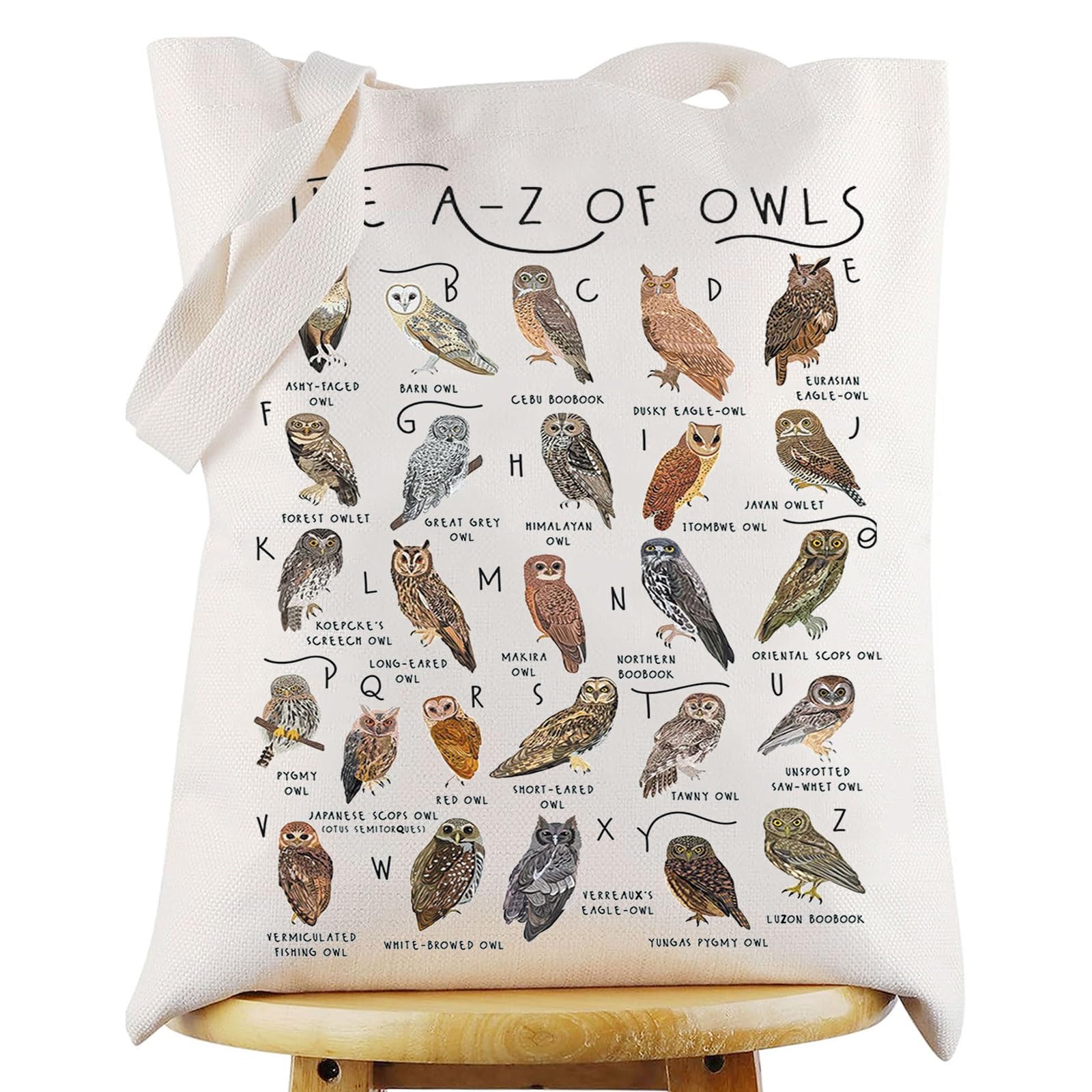 WZMPA Funny Owl Tote Bag Owl Lover Gift The A-Z Owls Reusable Grocery Bag Ow l Species Merchandise