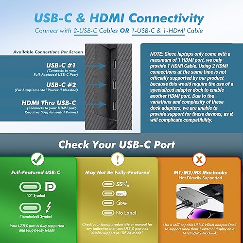 Miniatura 2 de Monitor portátil de 13.3 pulgadas para laptop, extensor de monitor triple doble Full HD, opción de conexión de cable único USB-ATipo-C Plug and Play
