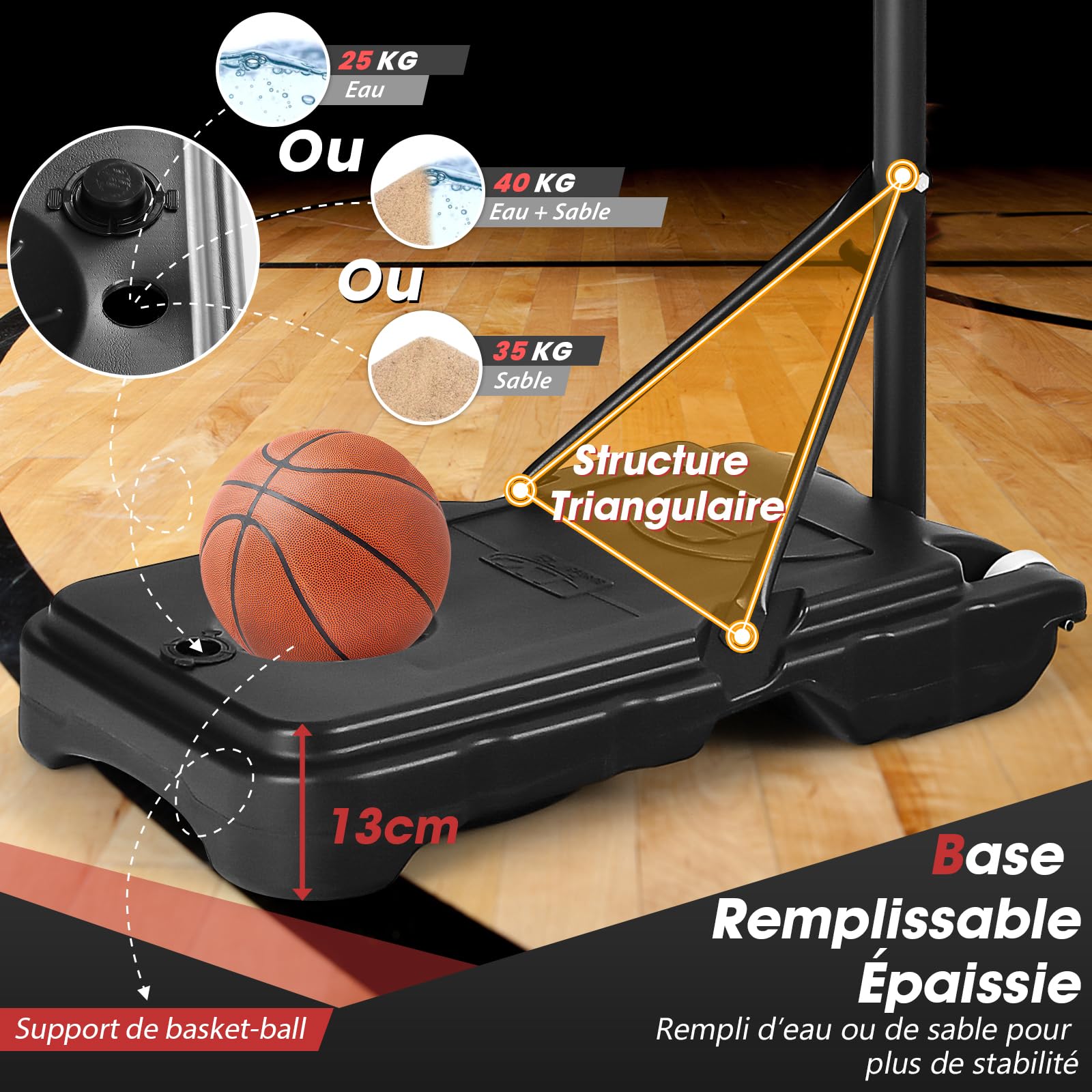 GYMAX Panier de Basket Extérieur pour Enfants, Hauteur Réglable de 90 à 210 CM, Base Stable Remplissable d’Eau ou de Sable, Mobile avec roulettes, Panneau Résistant, Poteau en Métal