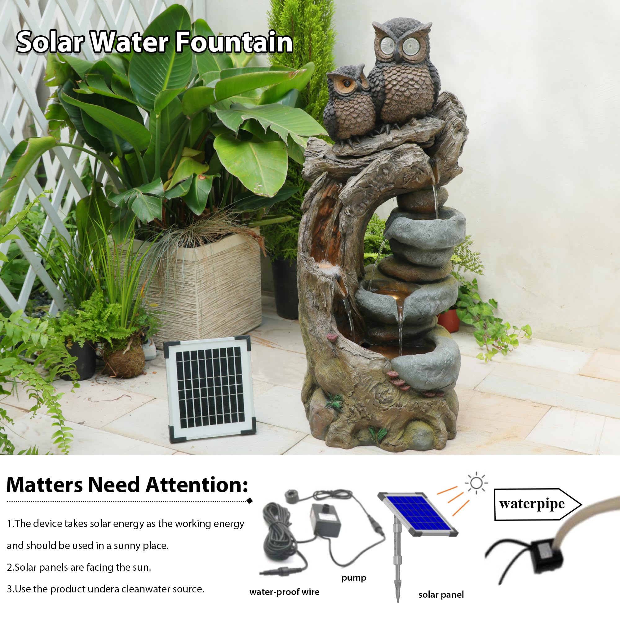 Solar Springbrunnen Außen Eulen, 4 - Stufen Gartenbrunnen Kaskade Zimmerbrunnen mit LED - Beleuchtung, Gartenbrunnen für Balkon, Terrasse, Drinnen & Draußen, Gartendekoration, 87 cm