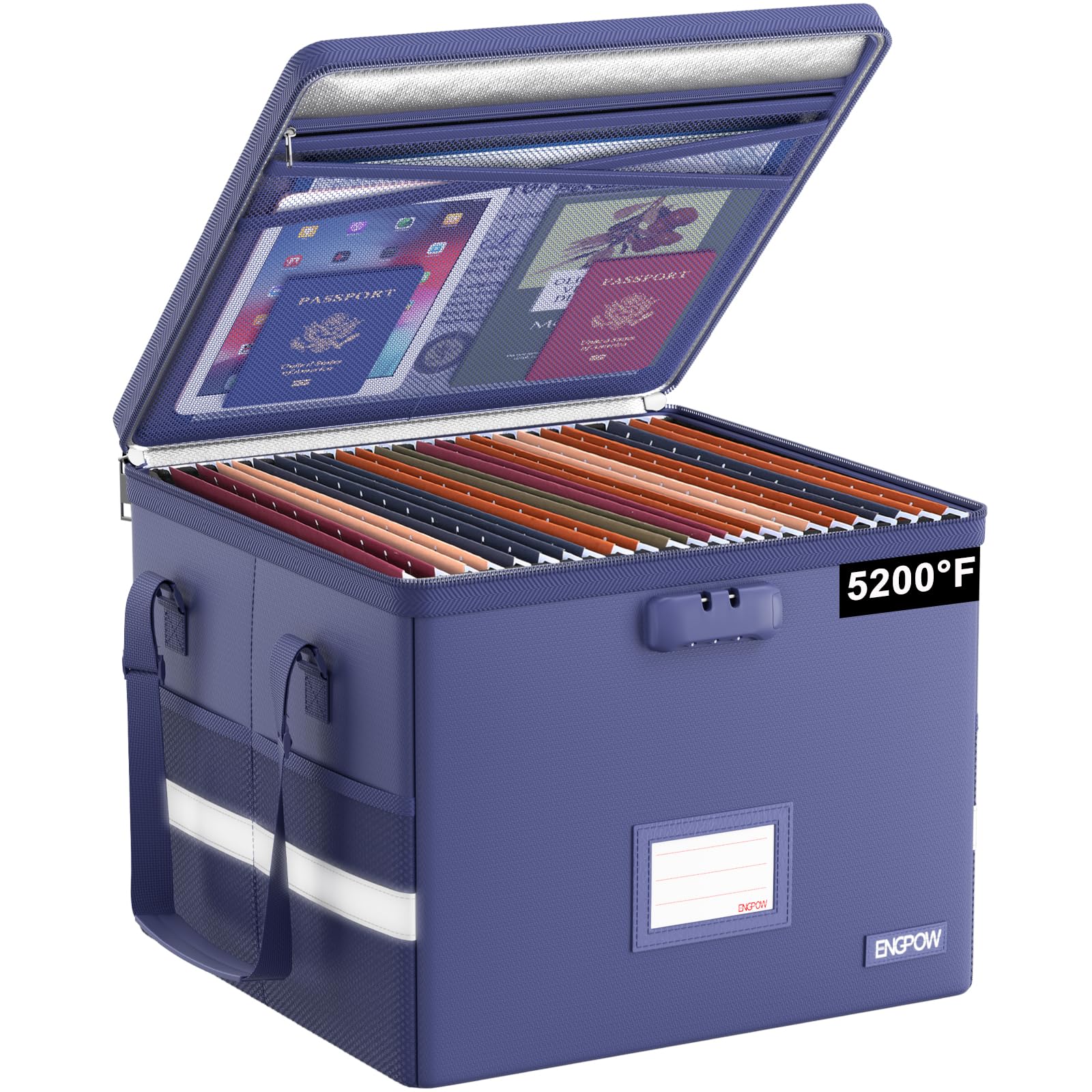 ENGPOW 5200°F File Box Fireproof Document Box with Lock,Heat Insulated Collapsible File Storage Organizer Box with Handle,Portable Home Office File Cabinet for Hanging Letter/Legal Size Folder, Blue