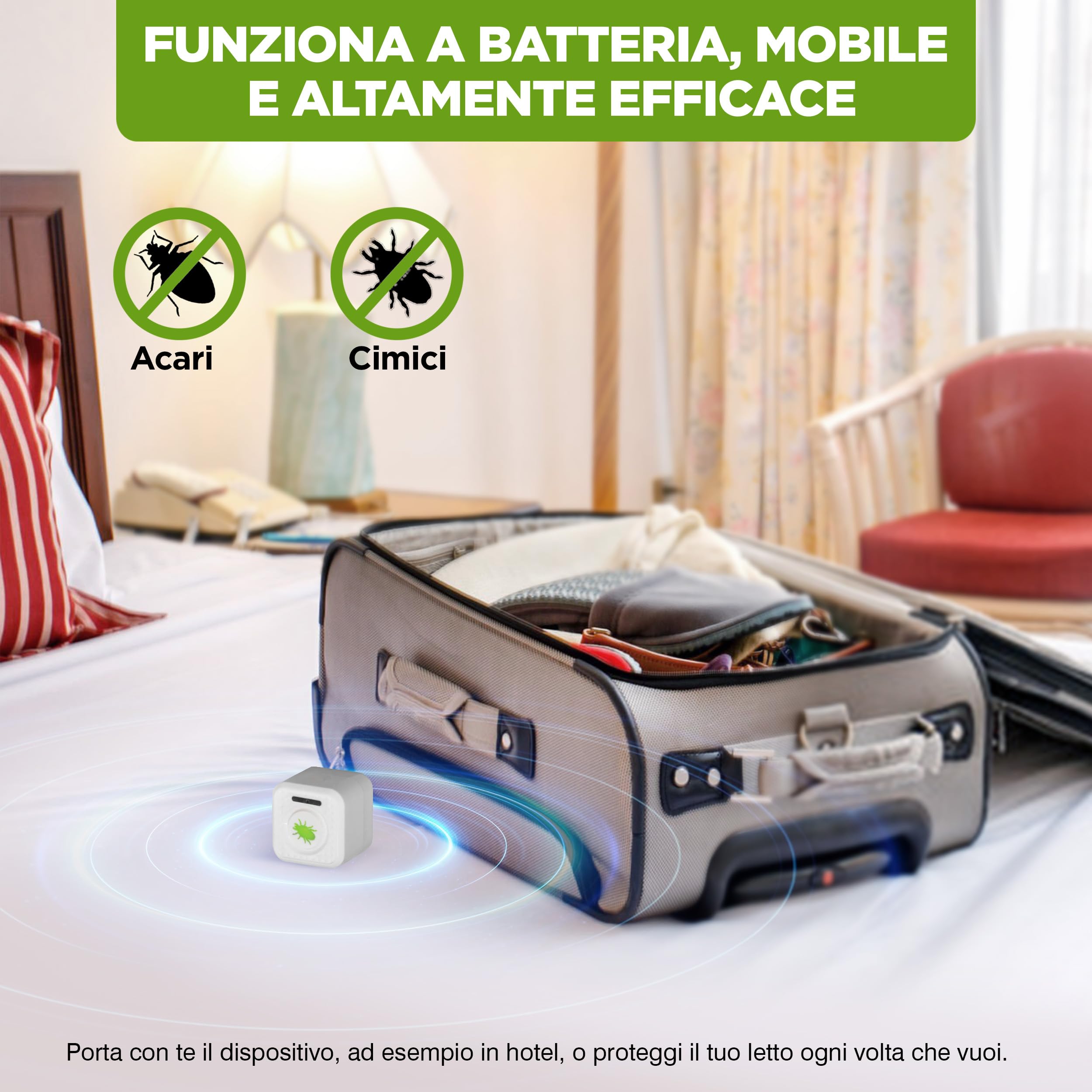 ISOTRONIC repellente acari ultrasuoni cimici letti protezione batteria raggio 30m² 2 unità elimina senza sostanze chimiche efficace interno casa camera materasso difesa anallergico stop parassiti