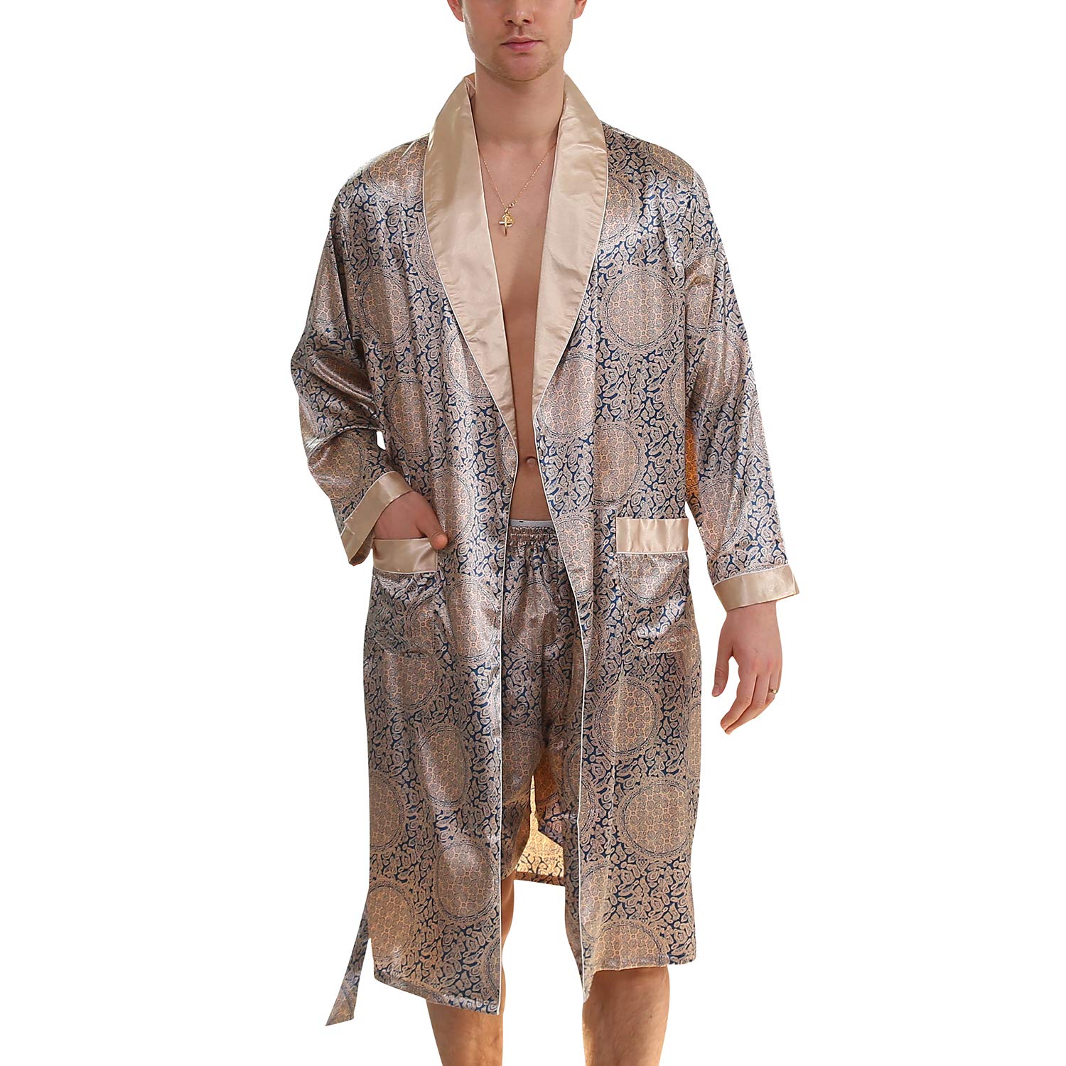 Lu's ChicMen's Satin Pajama Set Silk Bathrobe Shorts Long Sleeves Pockets Soft Kimono Robe Set