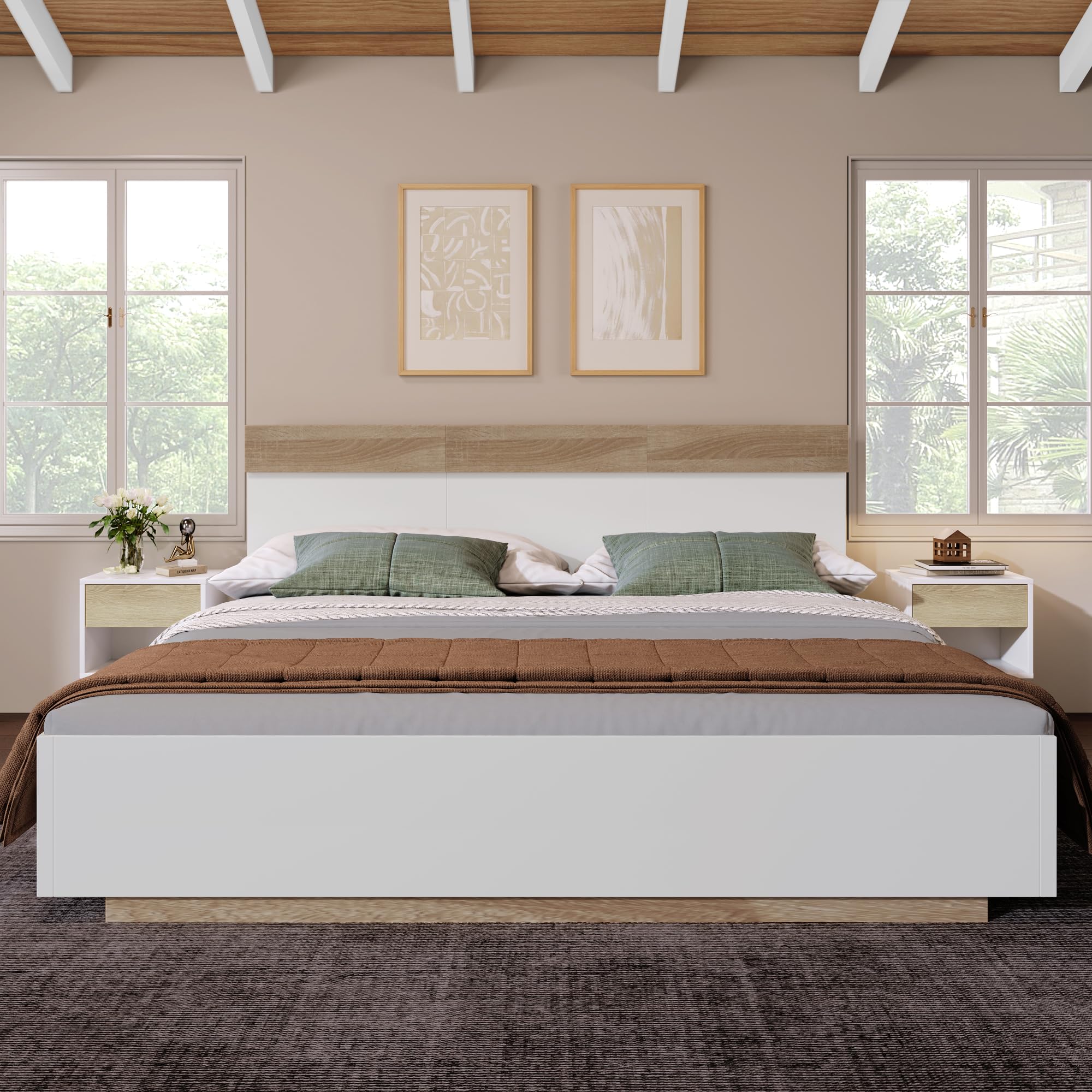 Kayan Holzbett Doppelbett 180x200 cm, Schwebebett mit Kopfteil aus Bettgestell &Lattenrost, Eiche Sonoma/Weiß, Ohne Matratze (180x200cm)