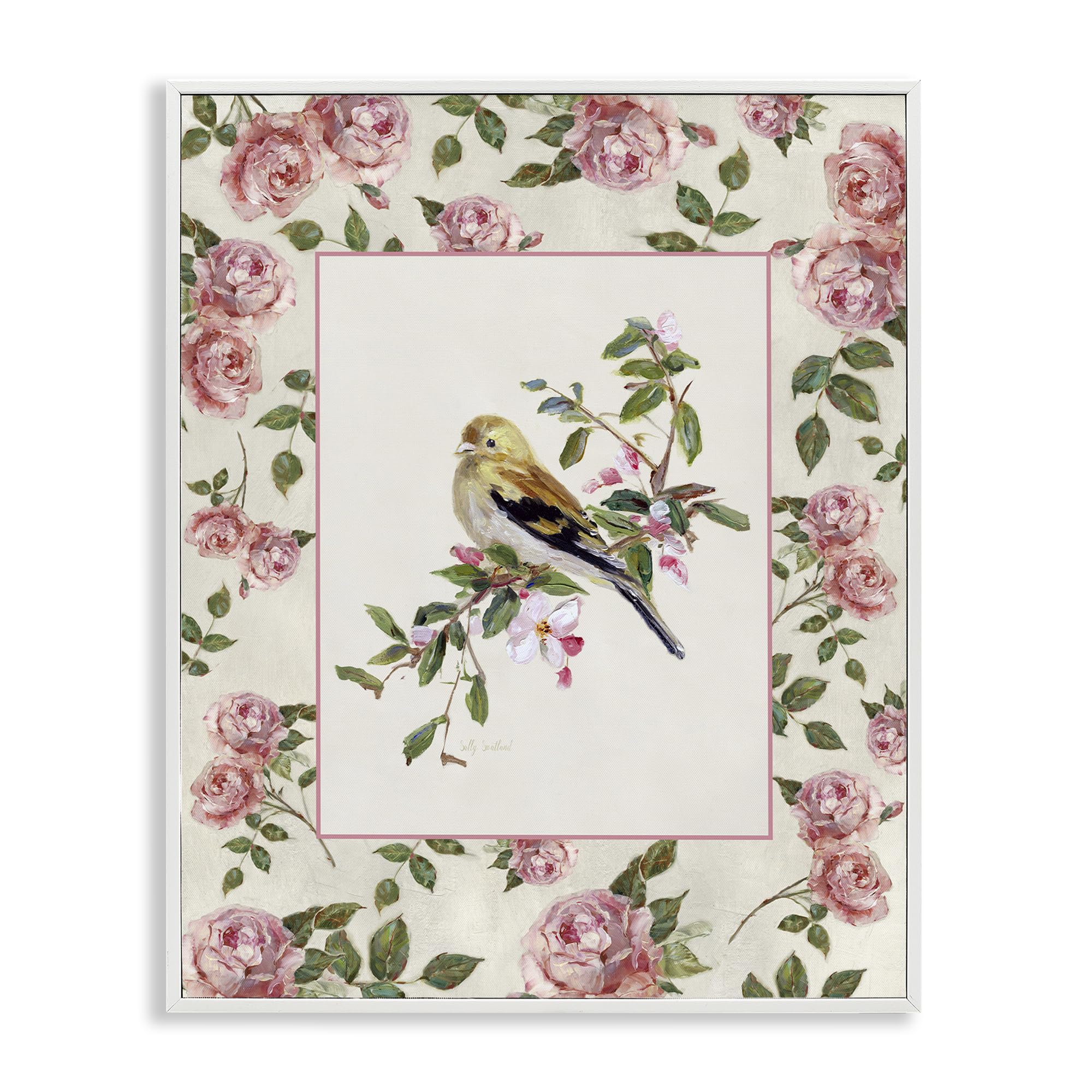 Stupell Industries Coastal White (Textured) 'Perched Bird With Dainty Roses'| Framed Giclee Art