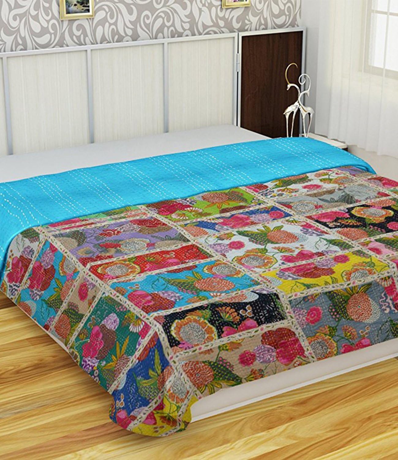 Fruit Print Patch Work Cotton Kantha Quilt Twin Bedspreads Throw 88x106 Inch Multi-Color