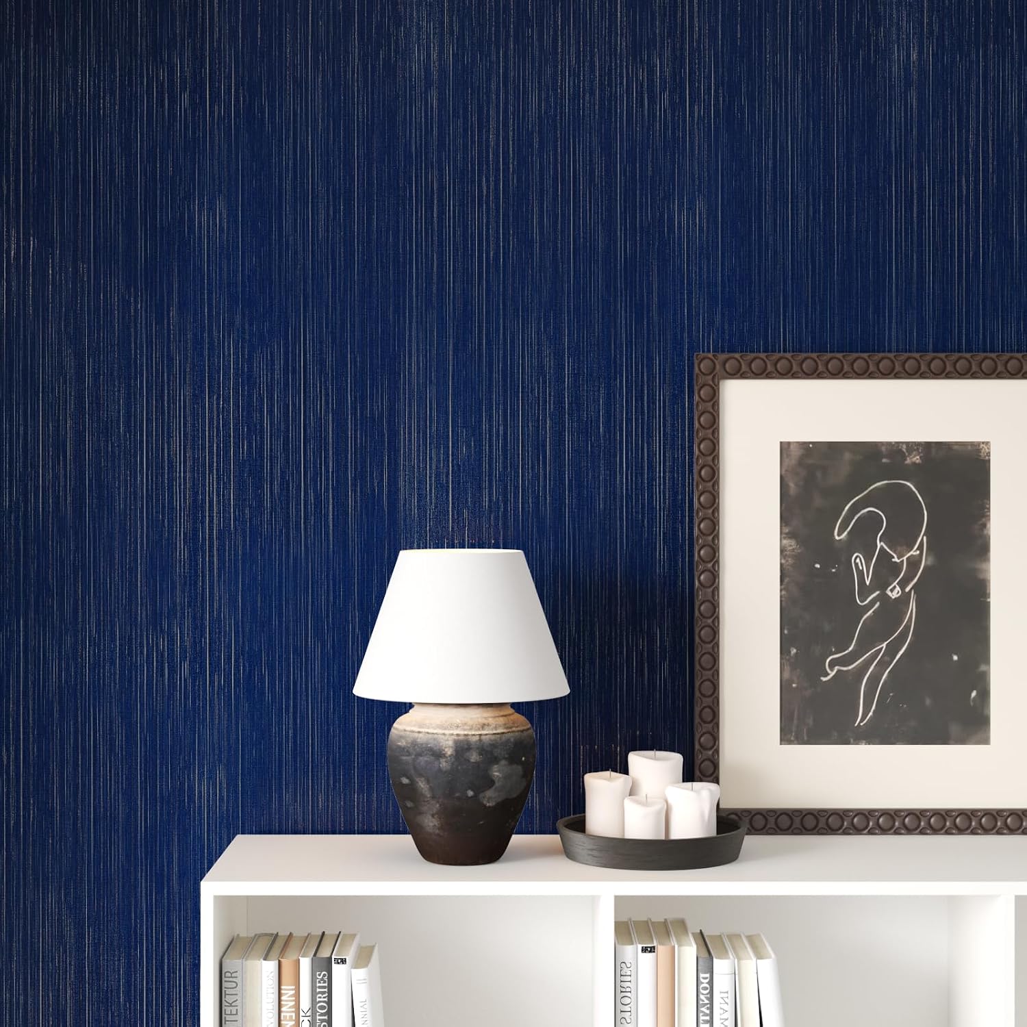 VaryStyle Grasscloth Wallpaper Textured Fabric Contact Paper Navy Blue/Sliver Linen Peel and Stick Wallpaper Self Adhesive Removable Vinyl Stick on Wall Paper for Kitchen Bedroom Cabinets 15.7"x118"