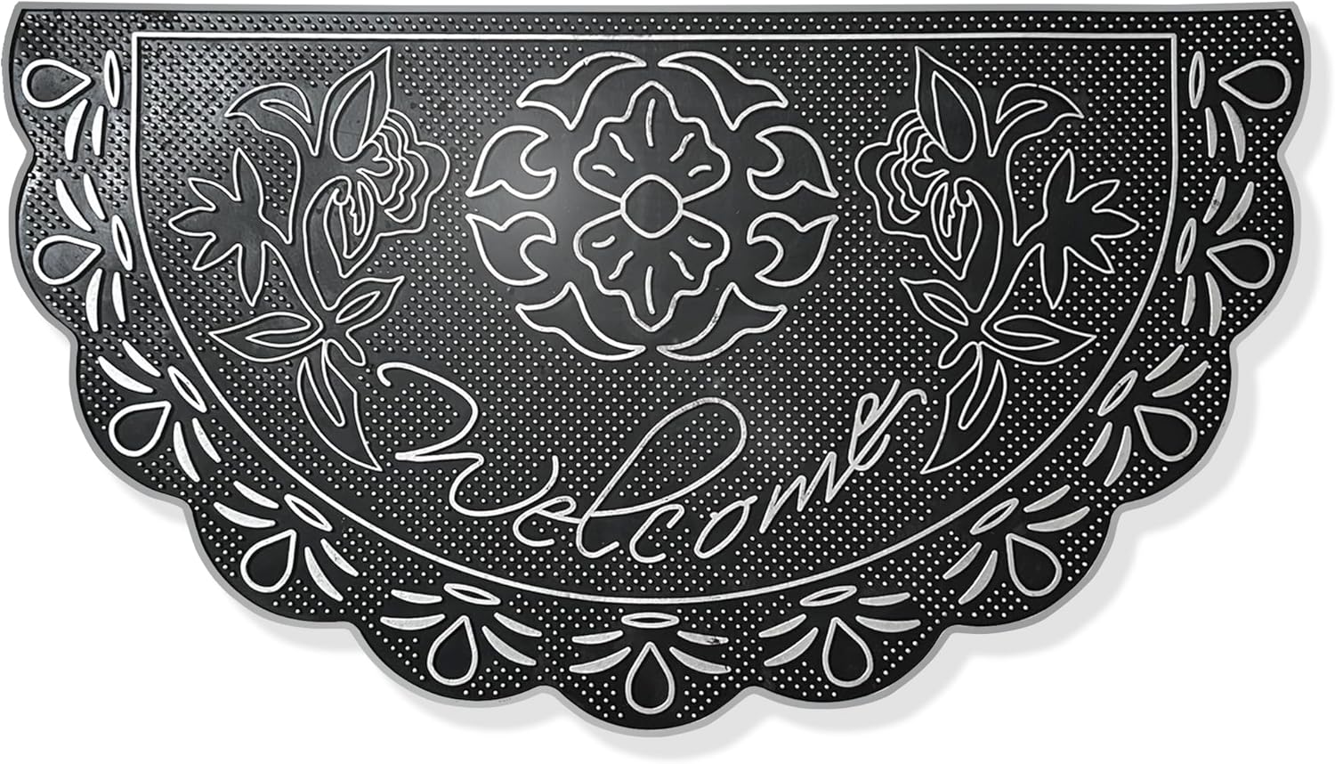 Luxury Half Moon Welcome Mat 16x28 – Silver Floral Scalloped Doormat, Non-Slip Rubber Front Door Rug for Apartments, Indoor/Outdoor Waterproof Entryway Decor