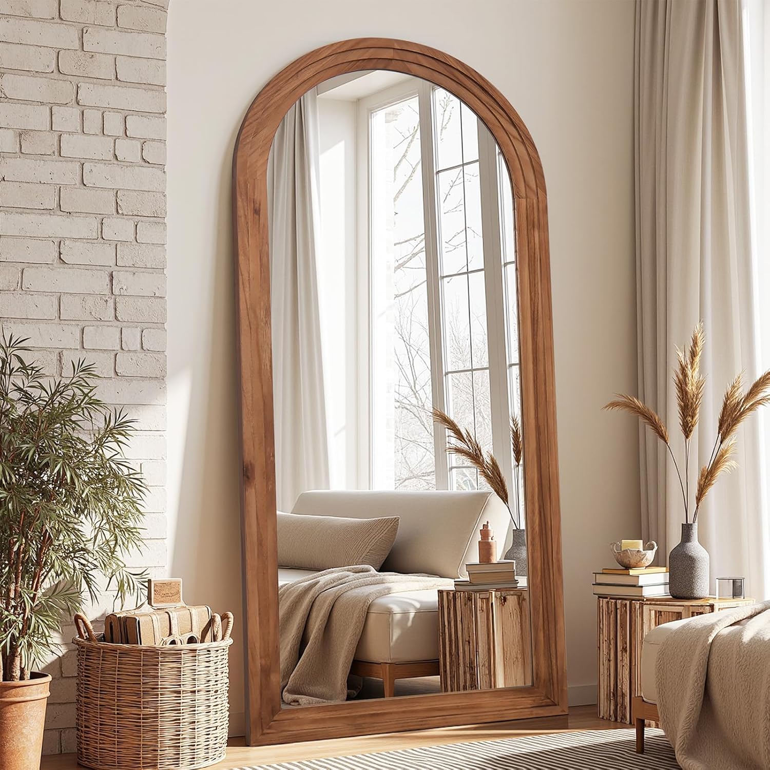 Antok Full Length Mirror with Solid Wood Frame, 76"×34" Wall Mounted Oversized Floor Mirror with Stand, Leaning Standing Hanging for Bedroom Living Room Entryway, Brown, Arched Syle