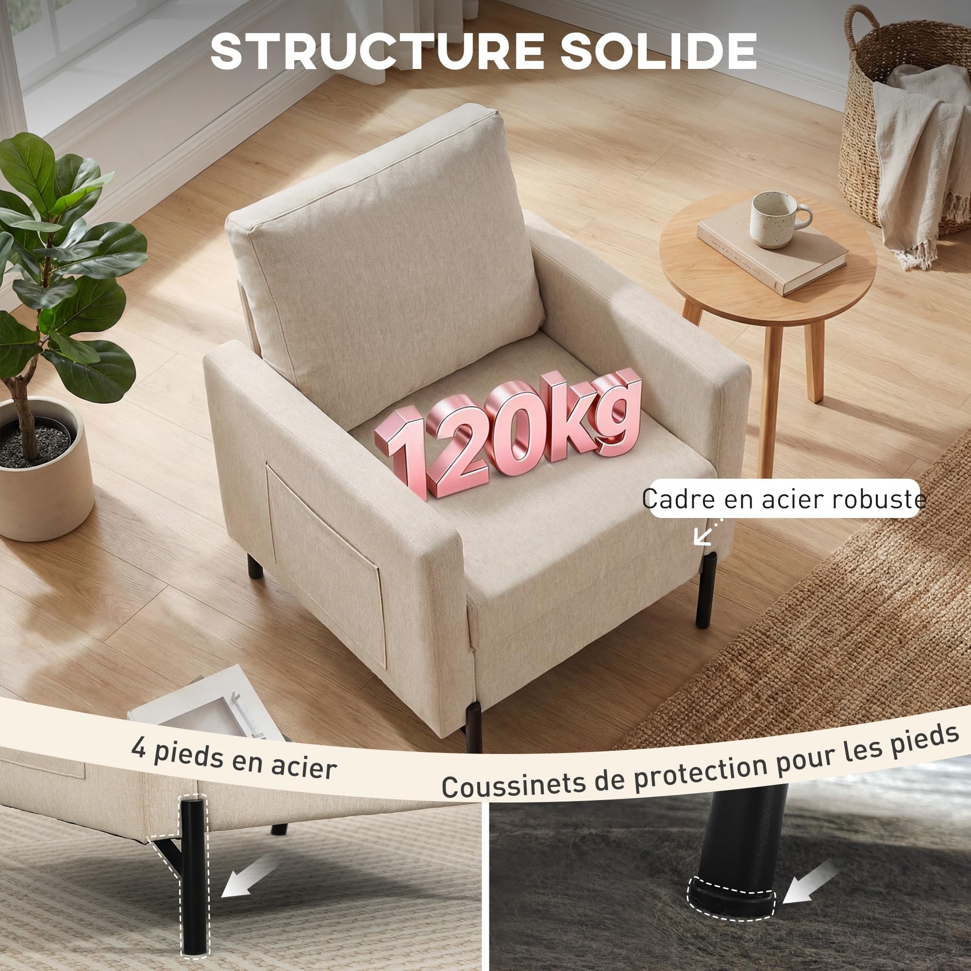 HOMCOM Fauteuil de Salon, canapé 1 Place rembourré avec accoudoirs, Assise Large et Pieds en Acier, Tissu Effet Lin, Style Moderne, pour Chambre à Coucher, Salon, Bureau, Beige