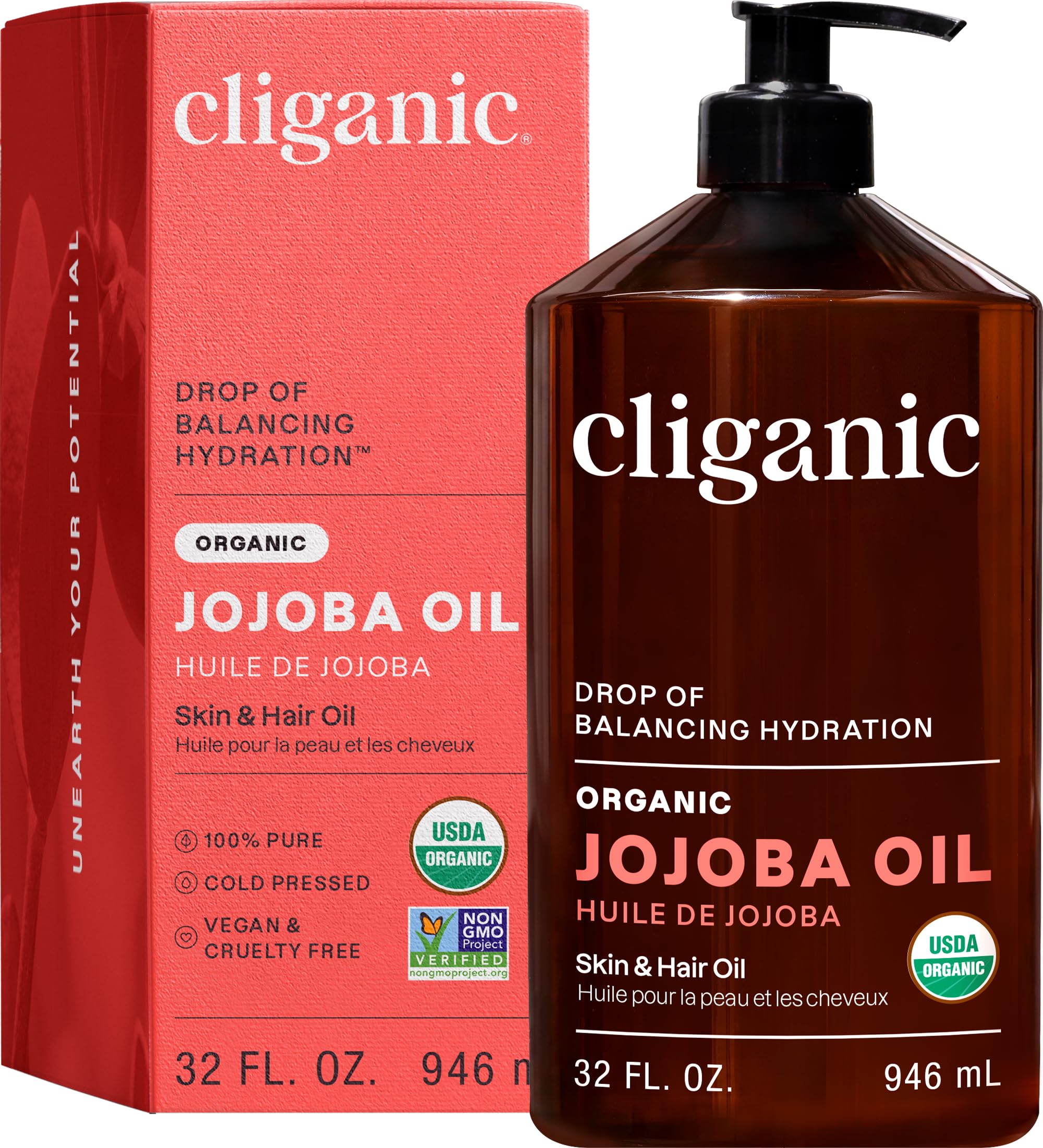 Cliganic Organic Jojoba Oil 32 oz, 100% Pure | Bulk, Natural Cold Pressed Unrefined Hexane Free Oil for Hair & Face