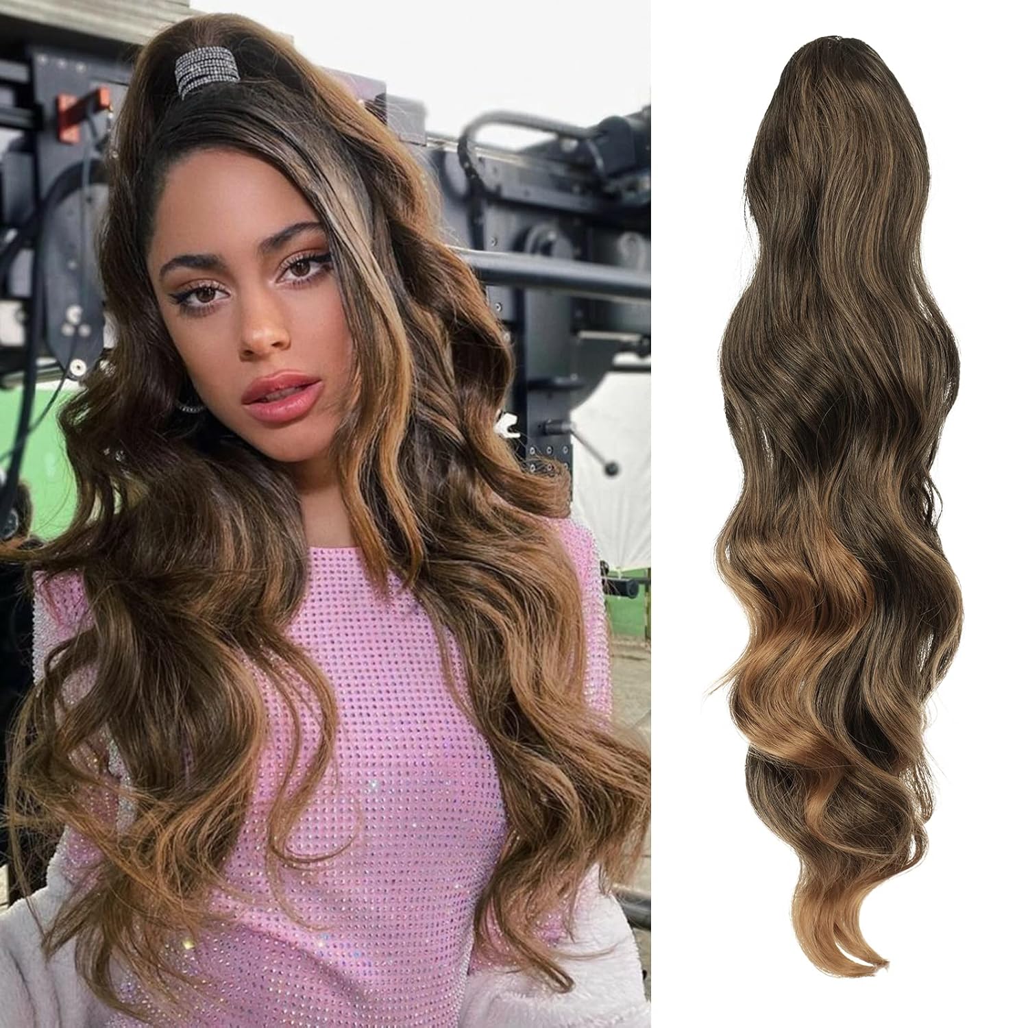 FESHFEN Ponytail Hair Extensions Wavy Clip in Synthetic