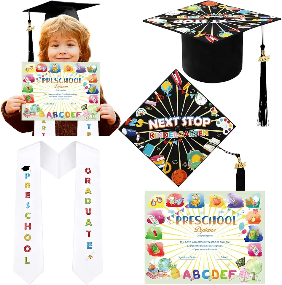 JaGely 3 Pcs Preschool Grade Graduation Set Graduation Cap with 2025 Tassel Graduation Stole Sash with Diploma Certificates Set for Students Supplies Teachers Parents Graduation Gifts, Multicolor