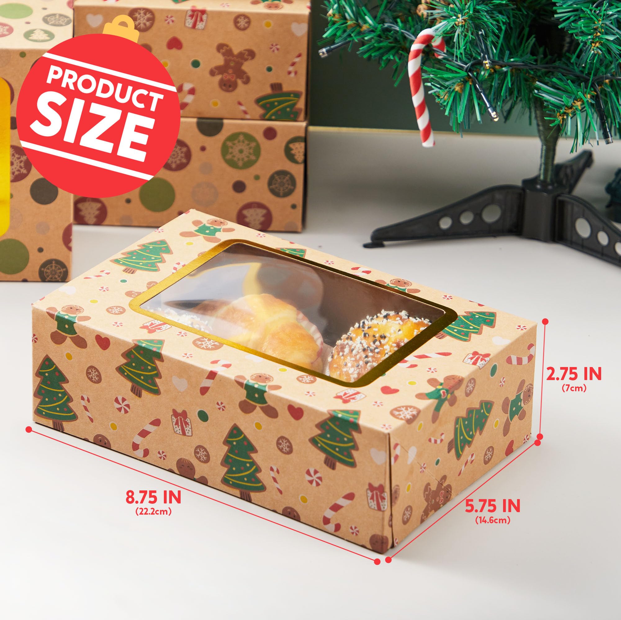 24 Christmas Cookie Boxes With Window - 9x6x3 Inches Gold Star Pattern Bakery Boxes For Treats & Gifts