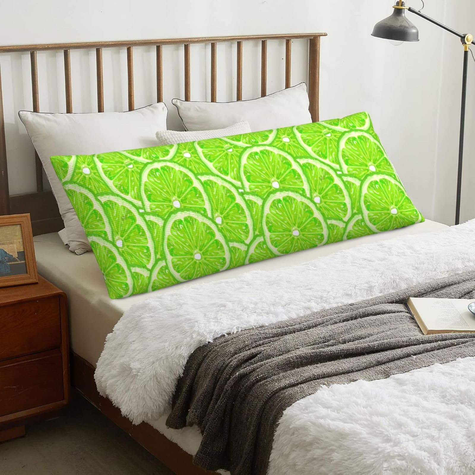 Lime Green Pattern Lemon, Body Pillow Cover with Zipper,Long Body Pillowcase 20 x 60 in