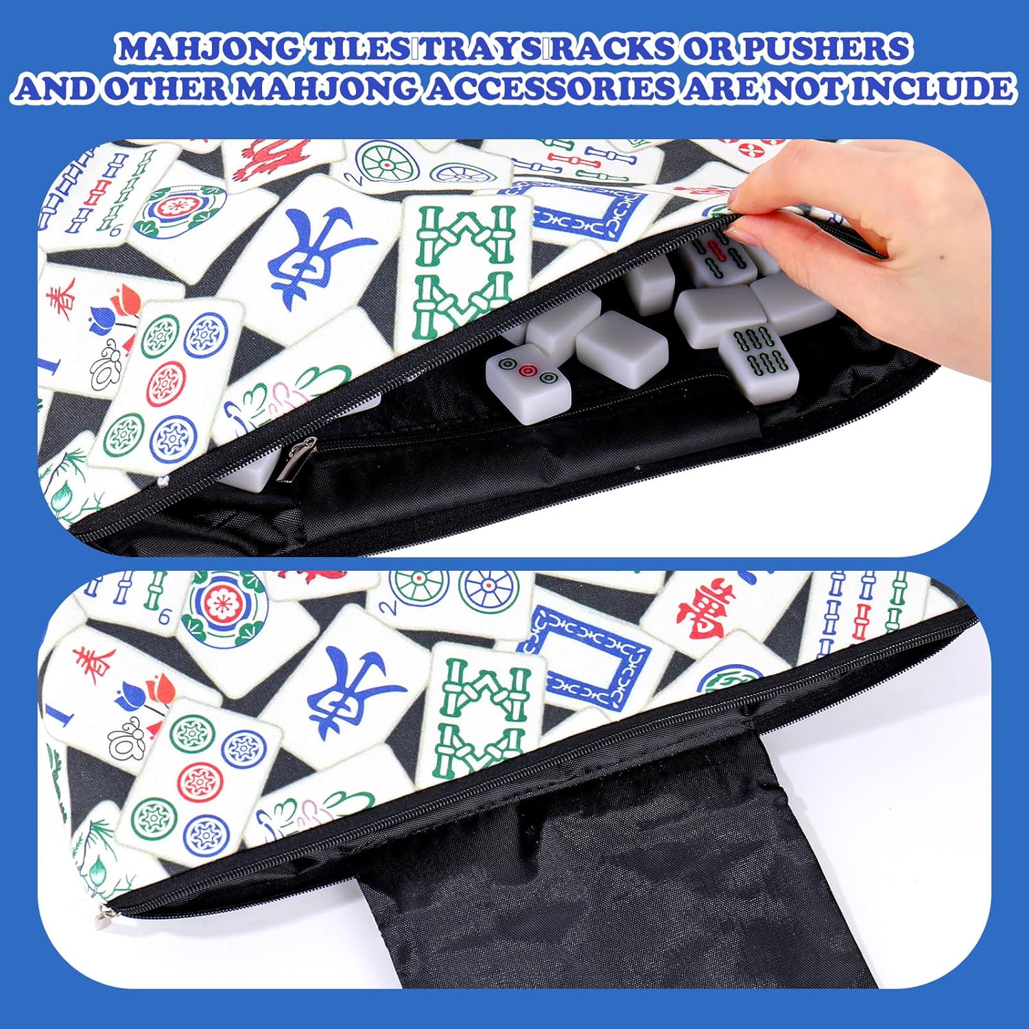 FYSUIMU Empty Mahjong Tile Bag Black Printed Zipper Mahjong Case Tile Storage Holder Pouch for Travel Party Game Accessories