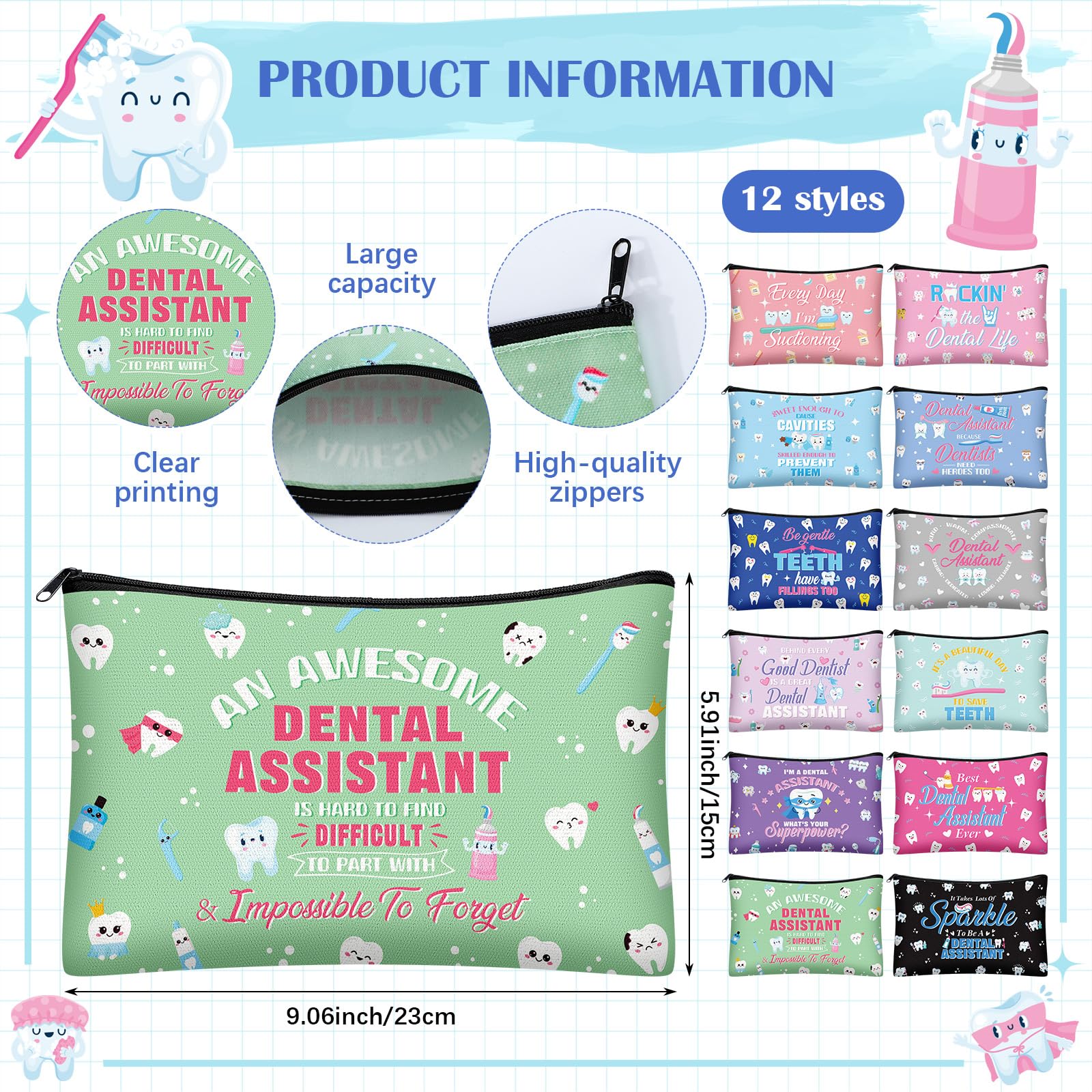 24 Pcs Dental Assistant Appreciation Gifts Bulk 12 Makeup Bag 12 Retractable Badge Reels Toothbrush Tooth Medical Gift for Dentist Hygienist Student Assistant