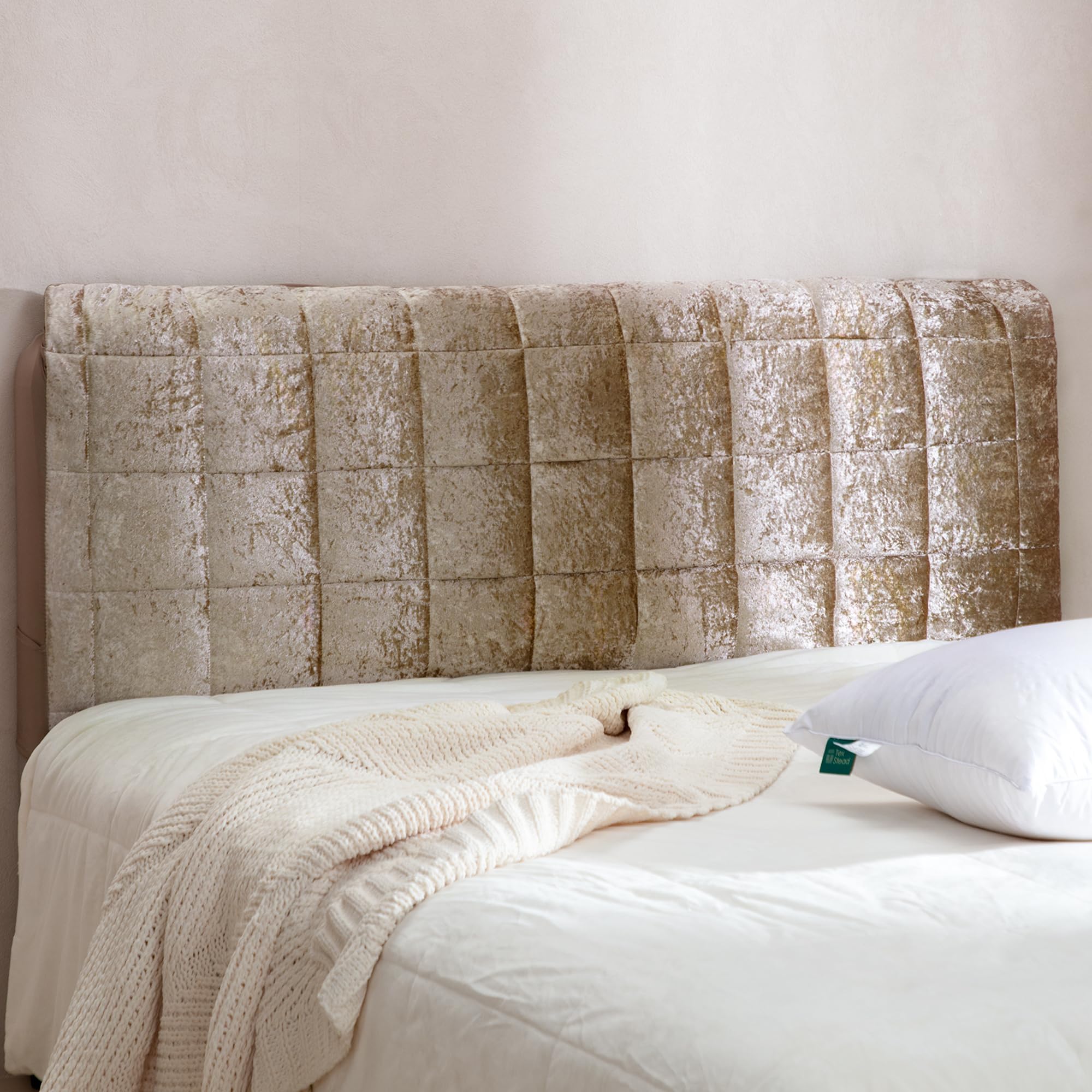 Bettkopfteil Hussen-Verdickter Soft-Stretch Samt-Flanell Bezug, Elastischer Rundumschutz mit Seitentaschen, Staubdichter Schoner für Polsterbett & Schlafzimmer (200 x 70 cm, Gold)