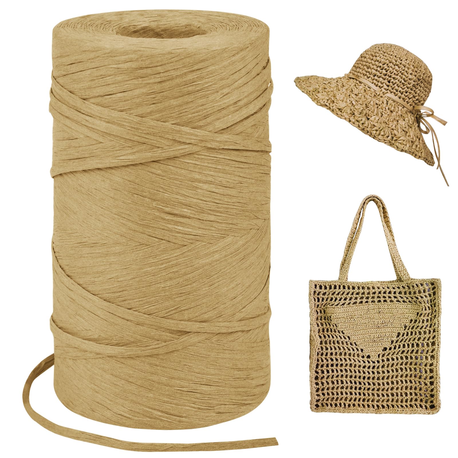 LEREATI Light Coffee Raffia Yarn for Crochet Bags, 3mm x 300m Flat String Raffia Ribbon for Gift Wrapping, Raffia Paper Ribbon Yarn for Crocheting Sun Hat, Bag, DIY Crafts, Holiday Decoration