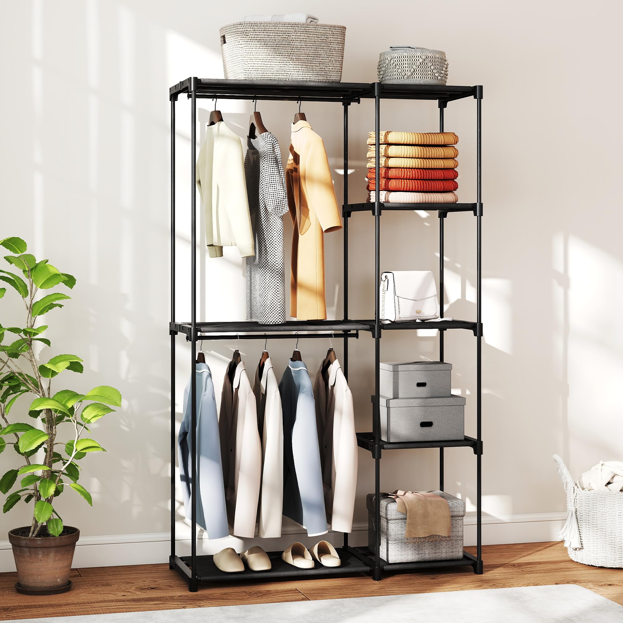 HOMCOM Stoffschrank Kleiderschrank mit Kleiderstange, Ablagen, Stoffkleiderschrank für Schlafzimmer, Ankleidezimmer, 111 x 43 x 185 cm, Schwarz
