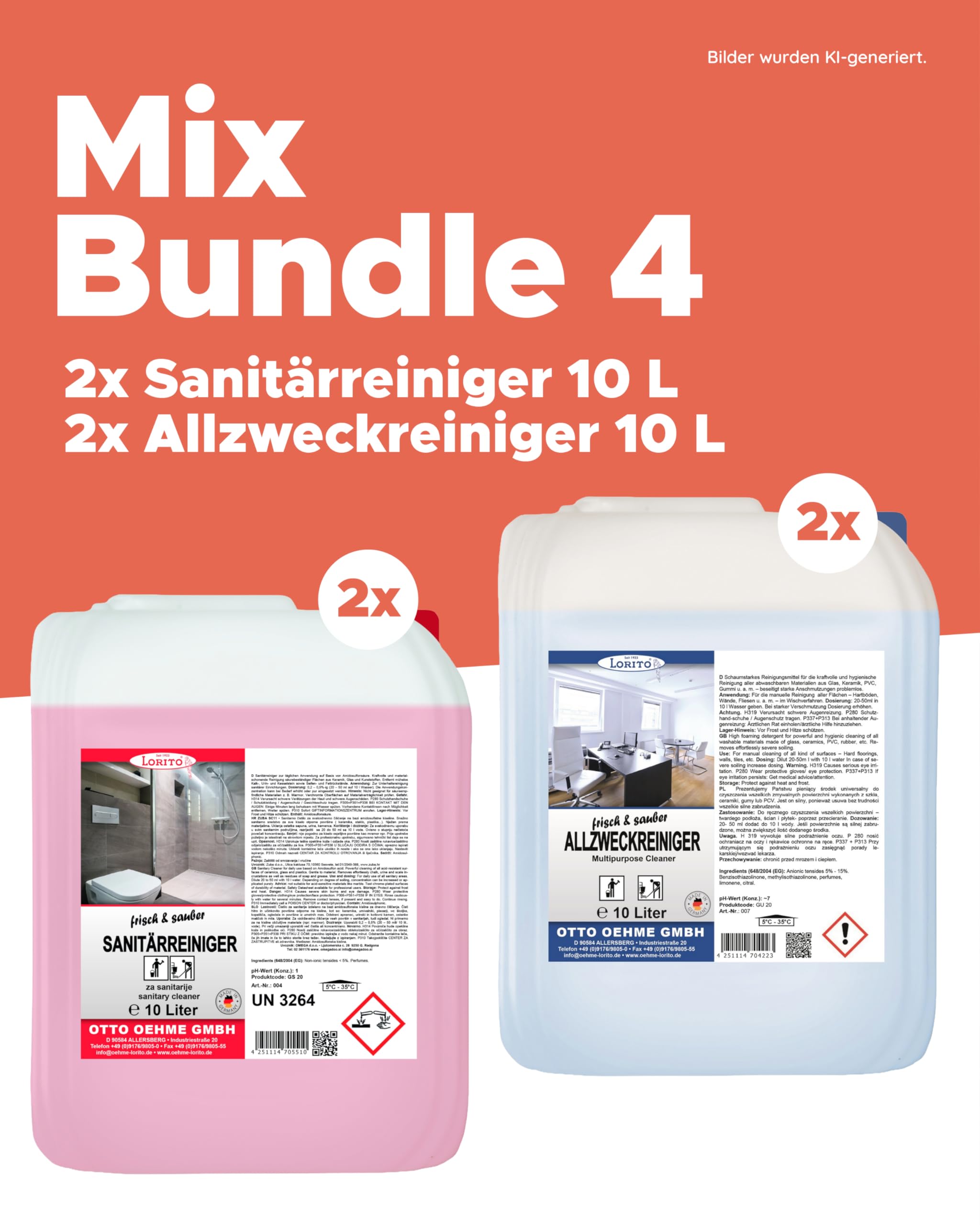Lorito Set frisch & sauber Kalklöser 2 x 10L & Allzweckreiniger 2 x 10L | Reinigungsmittel gegen hartnäckige Verunreinigungen im Haushalt, ganzheitliches Reinigungs-Set für langanhaltenden Glanz