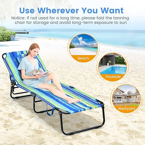 Miniatura 27 de Tangkula Sillón de playa, reclinable plegable para tomar el sol con agujero frontal, silla de bronceado boca abajo con respaldo ajustable de 5