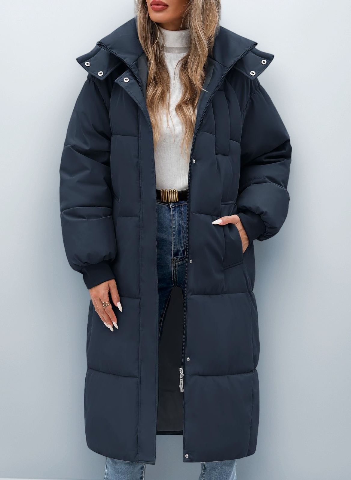 Vancavoo Women's Long Winter Coat Long Sleeve Puffer Quilted Coats Thickened Warm Hooded Padded Jackets Ladies Longline Windproof Outerwear for Winter