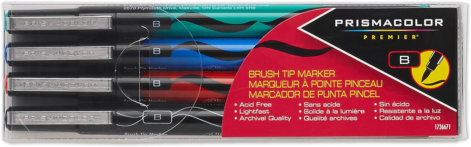 Prismacolor 1736671 Premier Illustration Brush Tip Art Markers, Assorted Colors, 4-Count