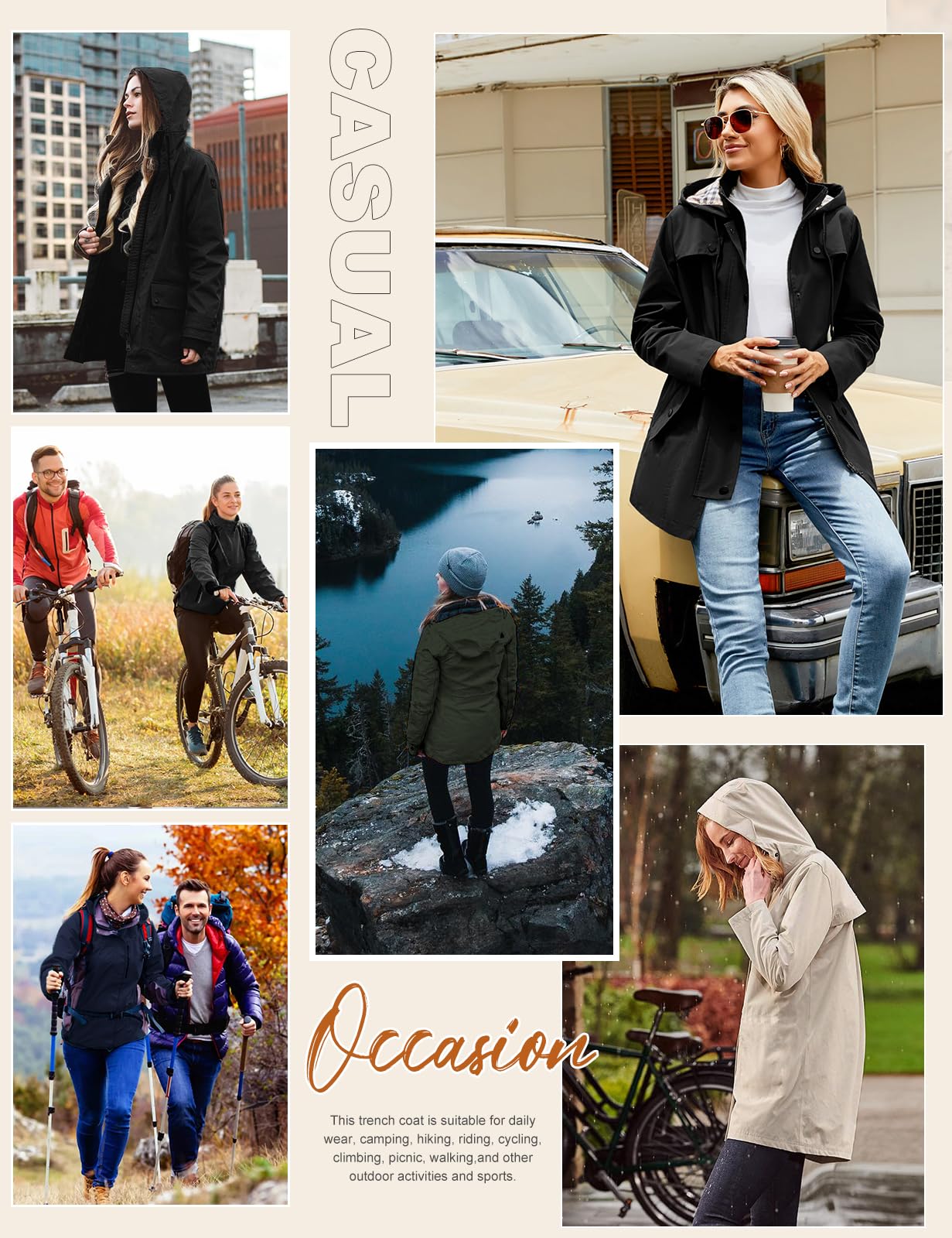 UMIPUBO Imperméables Vestes pour Femme Longue Manteau à Capuche Imperméable Coupe-Vent Zip Poncho d'Extérieur Coupe Vent Veste de Pluie Printemps Automne