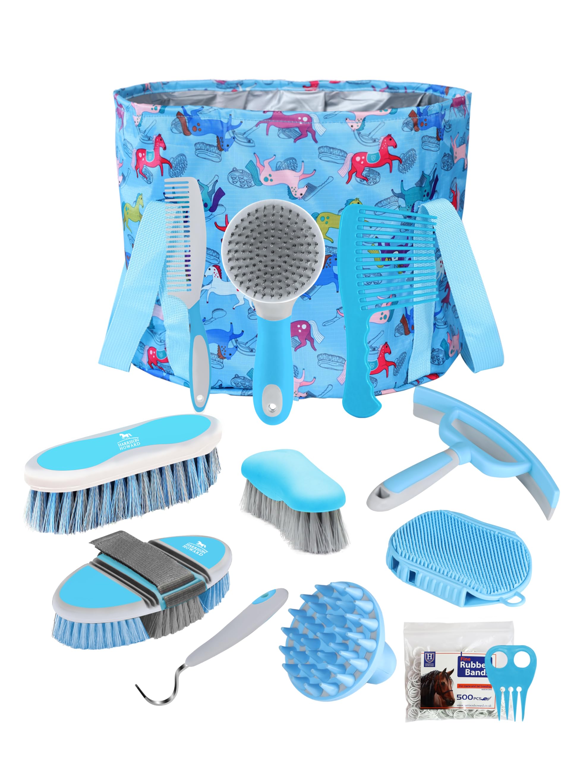 Harrison Howard Complete Horse Grooming Set, 11-Piece Advanced Daily Grooming Tools with Extra Brushes for Full Horse Care Blue Brushstroke Ponies